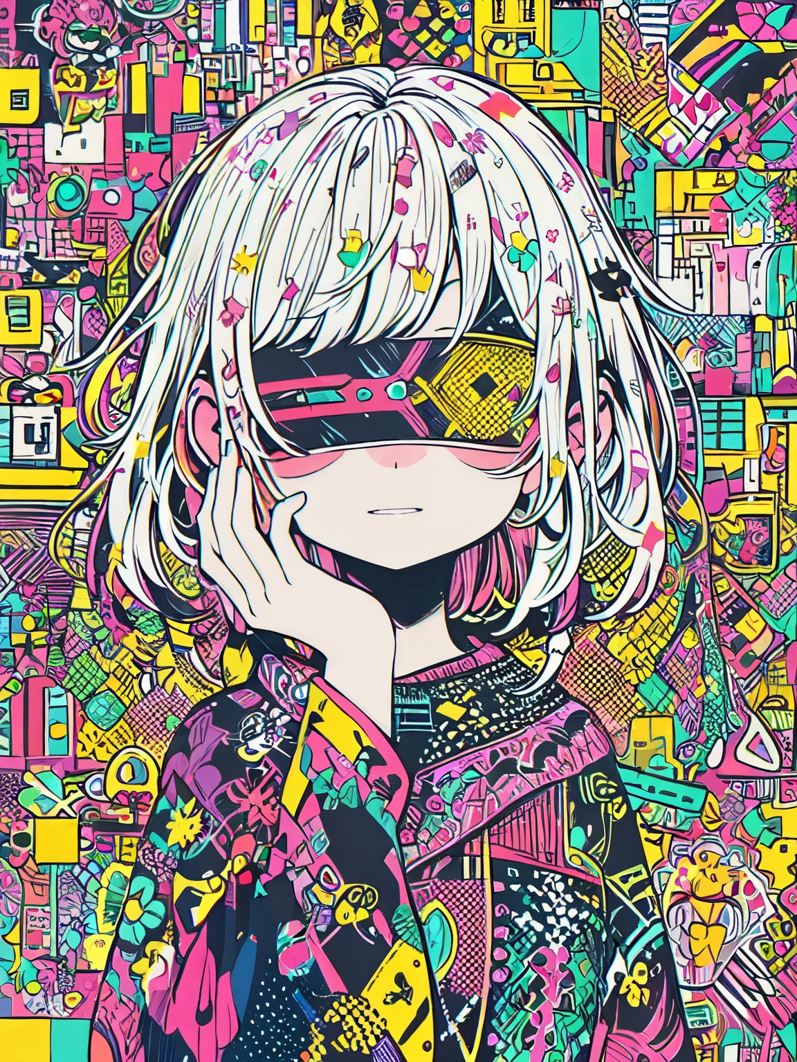 Sharply detailed and colorful digital art BREAK Straight-on view with a focus on the character's face and upper body BREAK Character with white hair, obscured eyes by a patterned blindfold, and a hand gently touching the face, conveying a sense of mystery BREAK A complex, patchwork background of abstract geometric shapes and urban elements in a vibrant, diverse color palette.