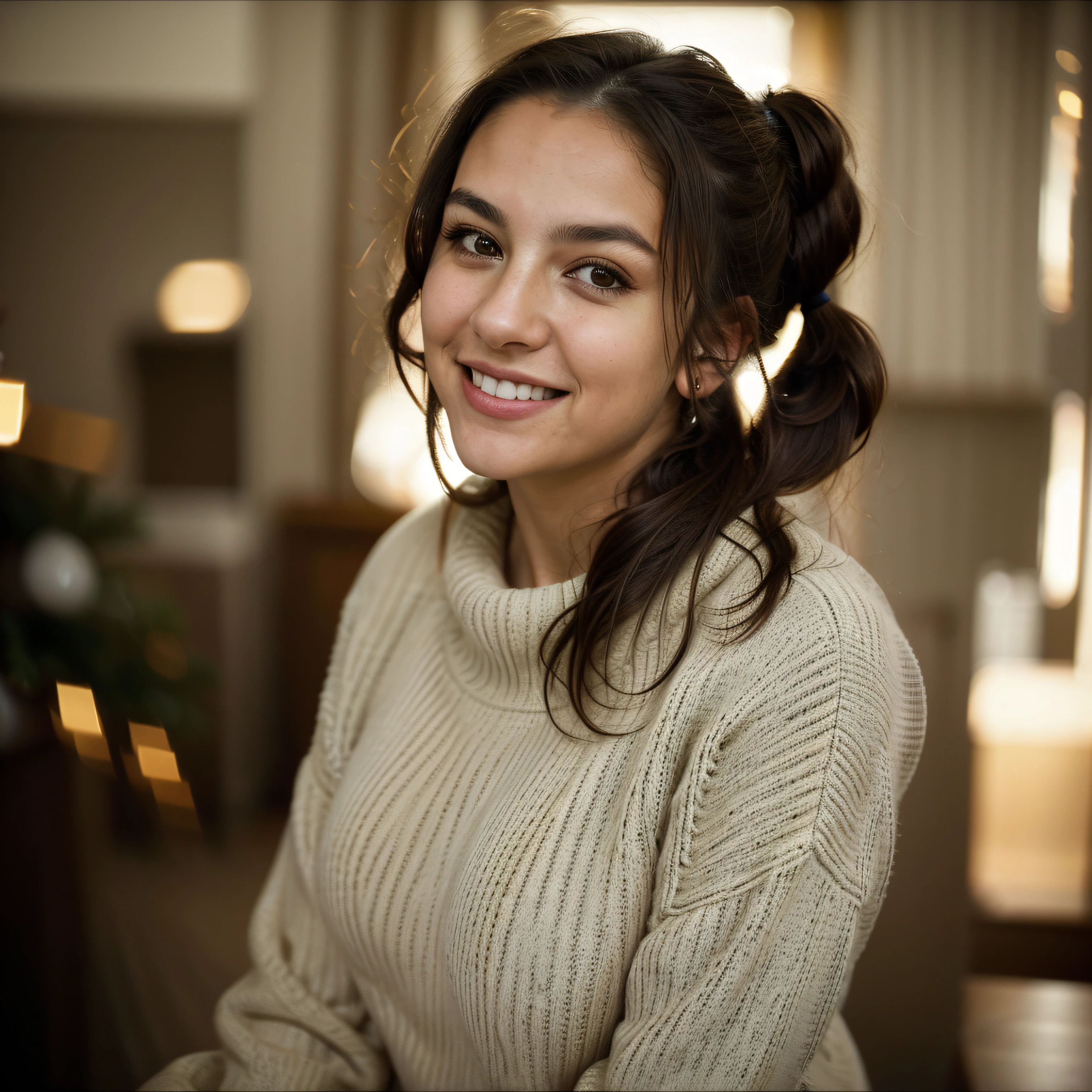 Portrait photo of a girl, (laughing:0.7), posing, look at a camera, dark brunette hair, ponytails, brown eyes, complex christmas home background, backlit, (cinematic:1.5), epic realistic, hyperdetailed, insane details, intricate details, accent lighting, soft volumetric light, bokeh, (dramatic light:1.2), cross process, (women sweater), dynamic angle, (flirting with camera: 0.7), middle boobs