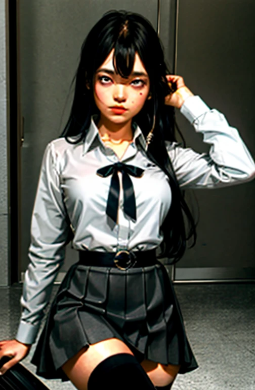 (full figure:1.1), 1 girl as yukino yukinoshita, absurdres, highres, solo, school uniform, big breasts, waist long black hair, (twintails:0.5), miniskirt, (black thighhigh socks:1.1), loose red ribbon, unbuttoned white shirt, (ahegao:1.2), (rolling eyes:1.2)