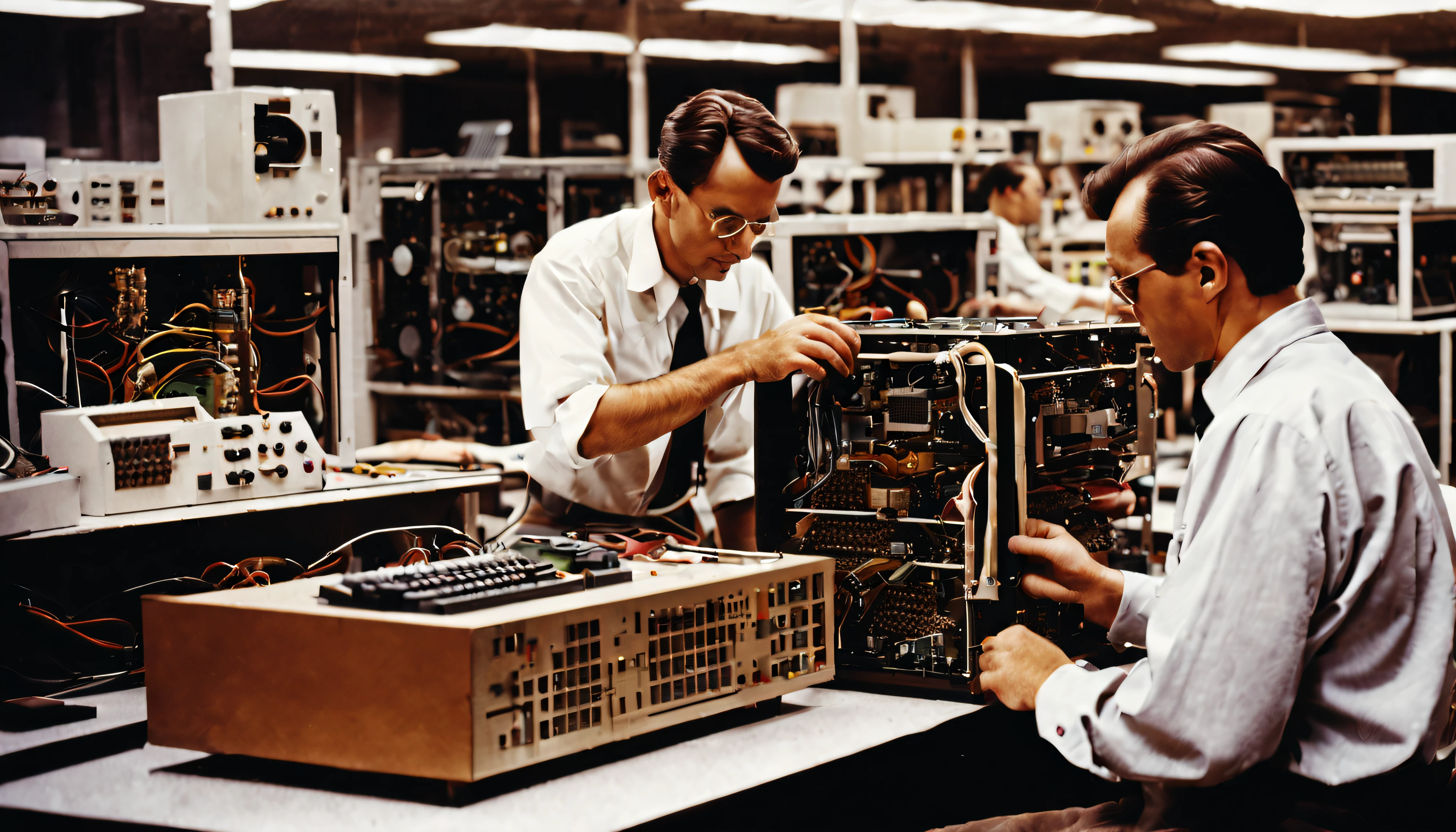 vintage color photograph of a group of engineers in their mid-thirties creating and building the very first computer. background is indoors of a lab with papers containing designs, machine parts, electrical tools and equipment all around the men. Cinematic lighting, perfect textures and reflections