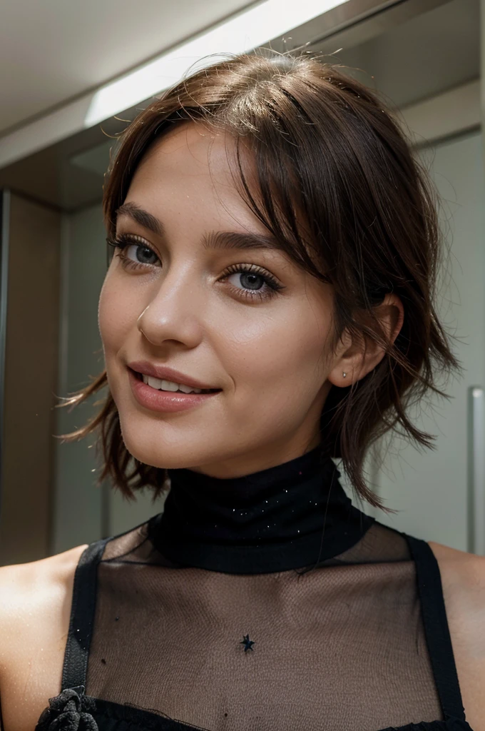 Elle s'appelle MIA , 23 ans, brune, belle, Frenchwoman, 1,68 meters, yeux vairons, yeux verts et bleus, coupe de cheveux carré, souriante, ultra realist, sparkling, chipie, beautiful woman, sexy, Selfie, portrait, peau parfaite, dressed in black, sourire malicieux