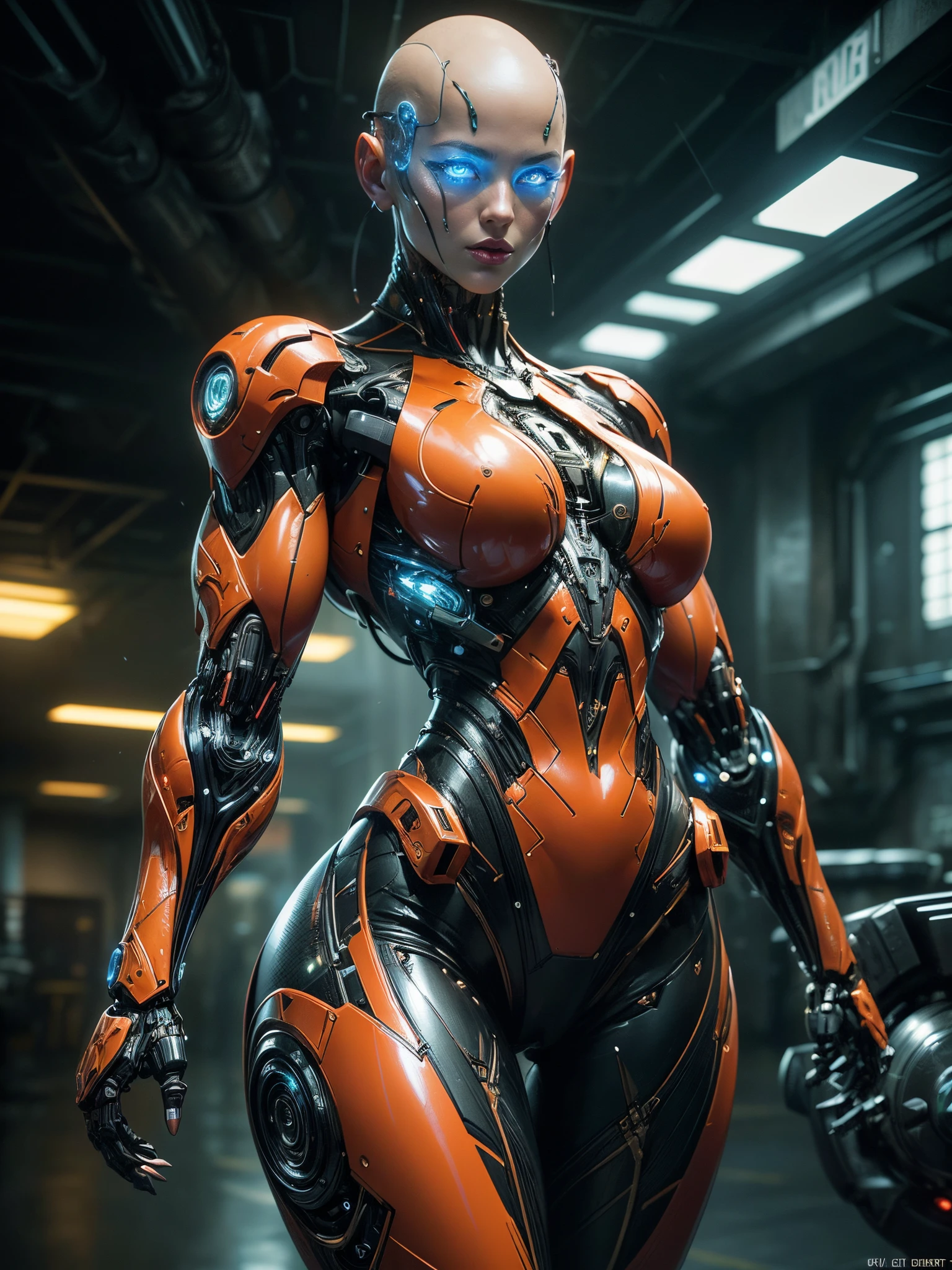 Cinematic, hyper-detailed, and insanely detailed, this artwork captures the essence of a bald hairless muscular female android girl. Beautiful color grading, enhancing the overall cinematic feel. Unreal Engine brings her anatomic cybernetic muscle suit to life, appearing even more mesmerizing. With the use of depth of field (DOF), every detail is focused and accentuated, drawing attention to her eyes and the intricate design of the anatomic cybernetic muscle suit . The image resolution is at its peak, utilizing super-resolution technology to ensure every pixel is perfect. Cinematic lighting enhances her aura, while anti-aliasing techniques like FXAA and TXAA keep the edges smooth and clean. Adding realism to the anatomic cybernetic muscle suit, RTX technology enables ray tracing. Additionally, SSAO (Screen Space Ambient Occlusion) gives depth and realism to the scene, the girl's anatomic cybernetic muscle suit become even more convincing. In the post-processing and post-production stages, tone mapping enhances the colors, creating a captivating visual experience. The integration of CGI (Computer-Generated Imagery) and VFX (Visual Effect brings out the anatomic cybernetic muscle suit's intricate features in a seamless manner. SFX (Sound Effects) complement the visual artistry, immersing the viewer further into this fantastic world. The level of detail is awe-inspiring, with intricate elements meticulously crafted, the artwork hyper maximalist and hyper-realistic. Volumetric effects add depth and dimension, and the photorealism is unparalleled. The image is rendered in 8K resolution, ensuring super-detailed visuals. The volumetric lightning adds a touch of magic, highlighting her beauty and the aura of her anatomic cybernetic muscle suit in an otherworldly way. High Dynamic Range (HDR) technology makes the colors pop, adding richness to the overall composition. Ultimately, this artwork presents an unreal portrayal of a super muscled cybernetic female android