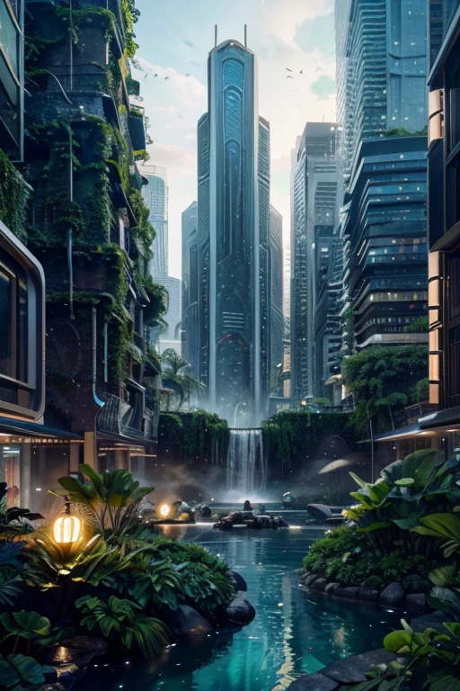Desenvolva uma imagem digital de alta qualidade, with advanced levels of detail and a cinematic style, depicting a futuristic urban setting where enormous skyscrapers are organically integrated with hanging gardens and waterfalls. Explore the unique symbiosis between lush nature and modern architecture, utilizing a vibrant color palette and immersive lighting. Highlight the harmonious fusion of urban and natural elements, conveying a sense of balance and wonder. Make sure the image provides a captivating, futuristic visual experience, onde a cidade do futuro se funde perfeitamente com a beleza natural que a rodeia.