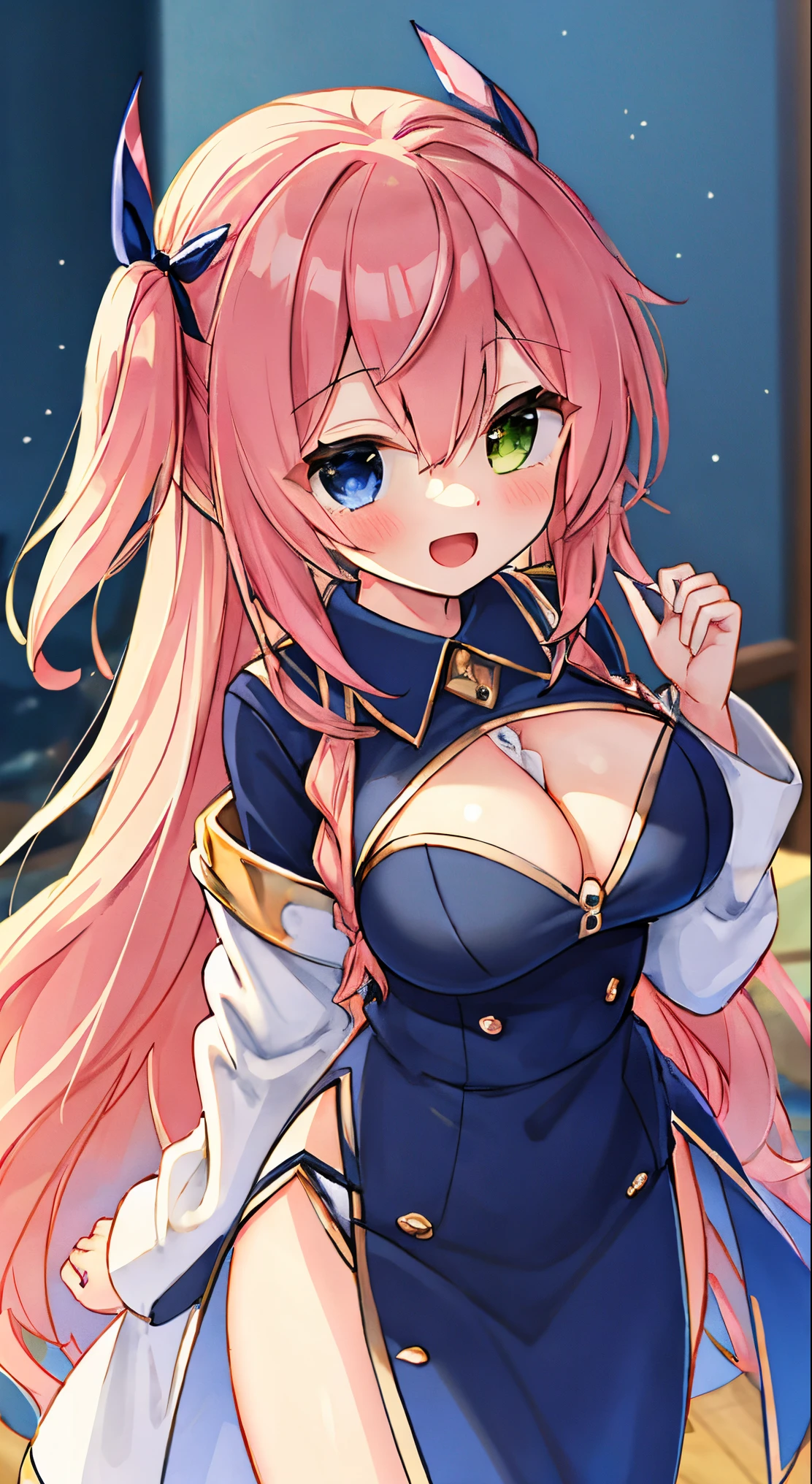 (masutepiece, Transparent air, Transparent eyes,Best Quality, Perfect Anatomy, High quality:1.4), absurderes, absolutely resolution, unbelievable Ridiculous, hight resolution, ultra-detailliert, Official art, Unity 8k壁纸, Kinetic typography,nice hand, Perfect hands, Detailed beautiful hands, Large_filesize, fulcolor, hight resolution, symmetric, exceptional, Best aesthetic, newest, Anime, very beautiful detailed body,The hair,faces,The eye, BREAK, ( girl), Beauty 1 person,Solo,(Cute:1.5),(Chibi:0.6),(kawaii:1.5),(Lori:0.5),BREAK,(17 years olddetailed,colourfull,highest details,Clear skin,Beautiful skin,Shy,Very detailed,colourfull,highest details,BREAK,Clear skin,Beautiful skin,Shy skin,1 beautiful girl,{Heterochromia,pale blue eyes,pale green eyes:1.5},star eye silhouette,BREAK,(Pink hair, Medium length:1.4),(Twin braids,A little curly hair,Single-sided twisted blade,Princess Cut:1.3),(cleavage of the breast,Big breasts,Beautiful breasts,Large breasts:1.5),(long eyelashes, Double eyelids:1.2),Solo,gleaming skin, Clear skin, Beautiful skin,(best quality face),(Top quality glowing eyes), (The best smile,:D:1.45),
//Introducing the trench coat incorporating fashion technology,
Holographic trench coat with LE boobs boobs D light,
Reflective bodysuit and asymmetrical skirt,
Cytech Boots Rhythmic Visor Sunglasses,
BREAK(Office, desk work, whiteboard, sofa, buildings from window,Makuhoku Computer,
(upward looking gaze :1.2) ,
Looking Up ,
From above ,depth of fields,
BREAK,wakame,wakame,wakame,(Cowboy Shot:1.4),
BREAK,(Blurry background:1.3),(absurderes, hight resolution, Super Detail Art),cel shading,Clear Color, Lonely optical effect, Beautiful pictures, Bright glow, mystic atmosphere,(Close-up of girl:1.1), Mystical light particle effect,manga influence, clean line drawings,