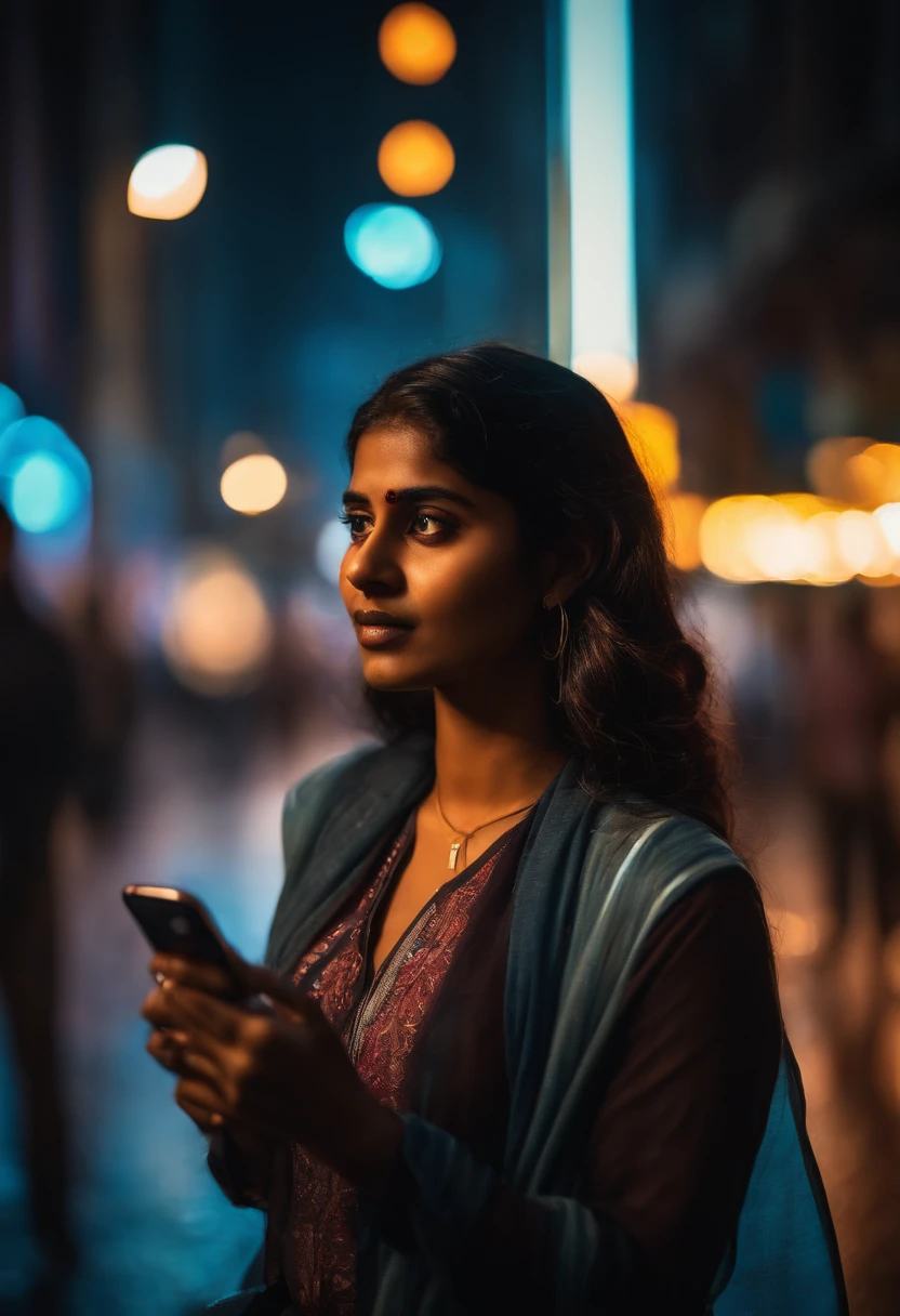 An artistic representation of the young Indian woman using her mobile phone, with vibrant neon lights and busy streets reflecting in her eyes, capturing the energy and excitement of a city at night.