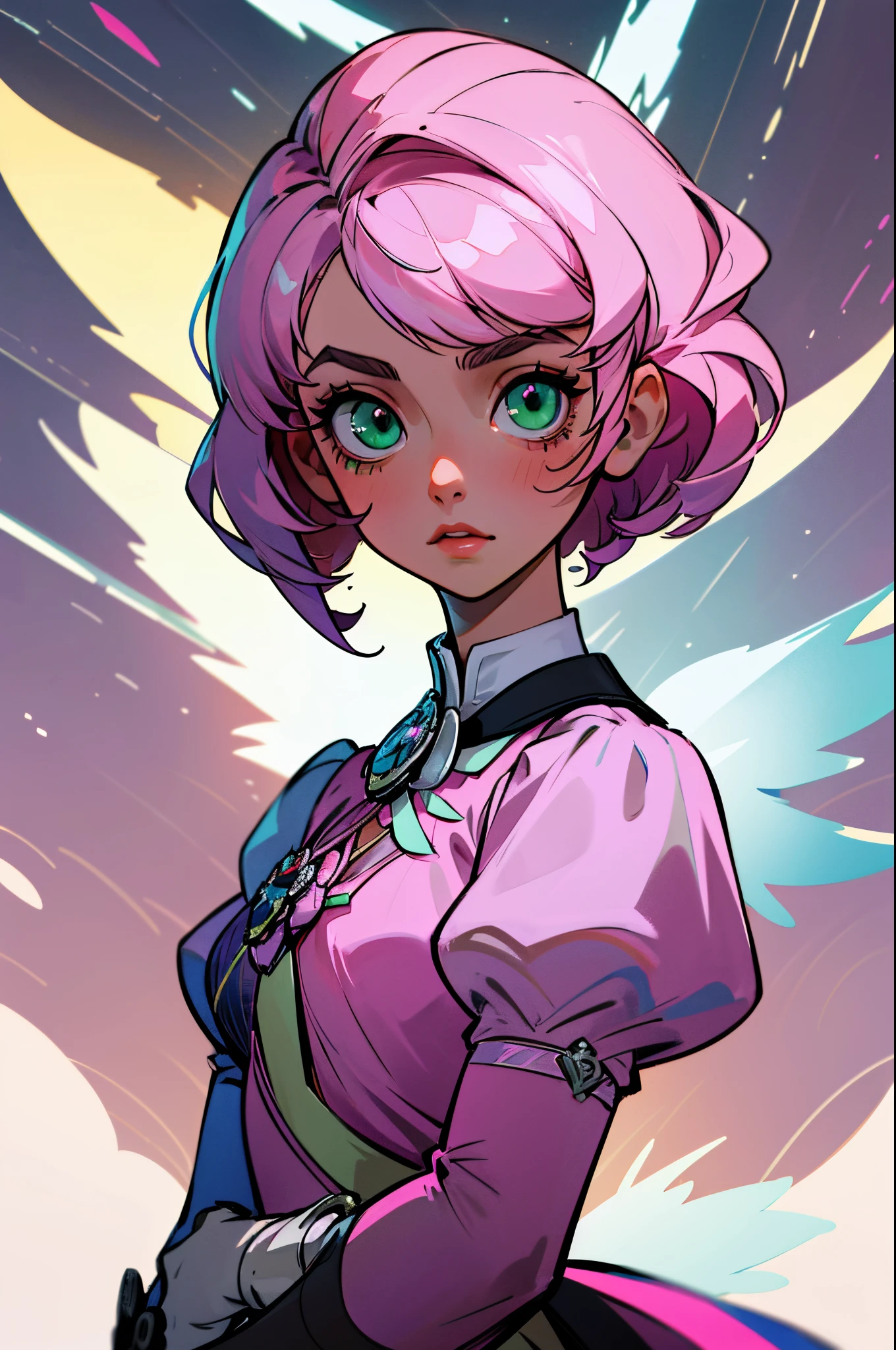 Alisa bosconovitch androide de origem russa, iris dos olhos cintilantes verdes, melhor qualidade, contemporary, estilo plano, minimalismo, Green Eyes Flat Illustration, cabelo rosa, cabelo curto, cabelos multicoloridos, Camisa Preta, mechanical wings, Head Portrait Close-U, peito pontudo, decote, super decote, middlebreasts, Tekken, cabelo rosa pastel, 1girl, em quimono, hand-painted, Desenho de linha sem cor, colorida do yandere pastel, Tekken, Super cute pink hair girl with gothic makeup on the side, figura esbelta, robusto, He sat on the floor, cabelos muito curtos, com orelhas de gato, quadratic element, kawaii cor-de-rosa na roupa da era de 1910, Alisa Bosconovich pink lips, no estilo da paleta de cores suave aurorapunk, an anime illustration of his face, gifs animados, hand drawn animation, charming sketches, suave e brilhante, romantismo nebuloso, Estilo Superflat, perspectiva, Close-up, Girado, de lado, de cima, corte, atmosphric perspective