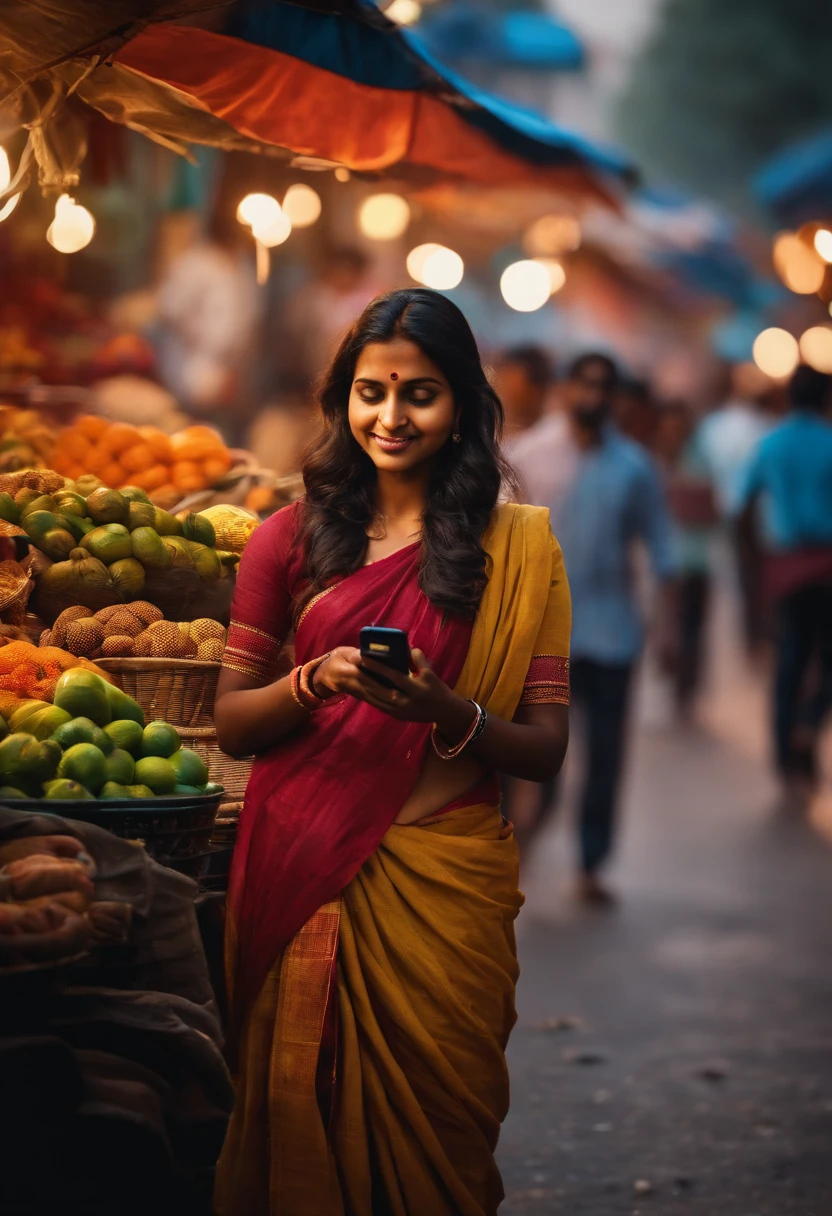 An aesthetic wallpaper featuring a composition of colorful street vendors and bustling markets, with the young Indian woman browsing her mobile phone, representing the intersection of traditional and modern lifestyles.