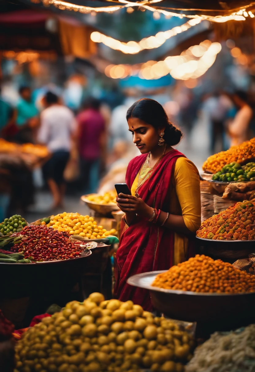 An aesthetic wallpaper featuring a composition of colorful street vendors and bustling markets, with the young Indian woman browsing her mobile phone, representing the intersection of traditional and modern lifestyles.