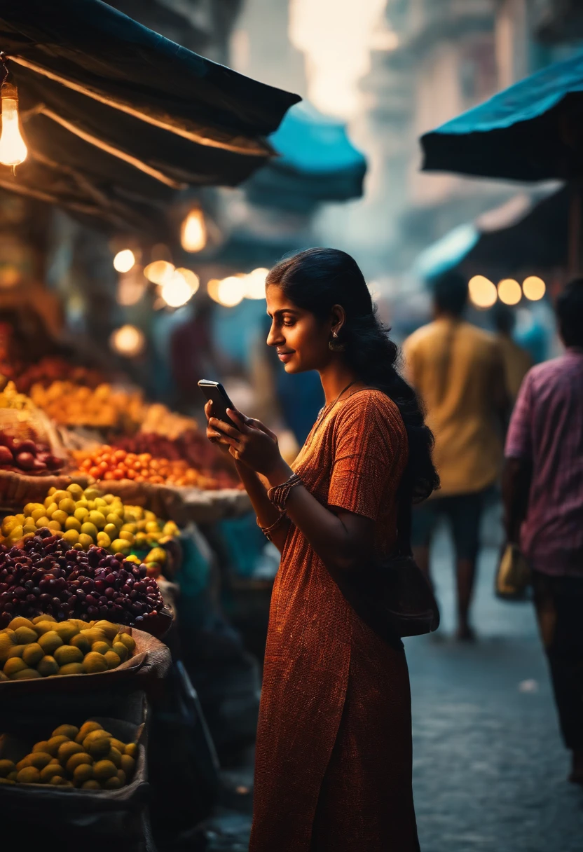 An aesthetic wallpaper featuring a composition of colorful street vendors and bustling markets, with the young Indian woman browsing her mobile phone, representing the intersection of traditional and modern lifestyles.
