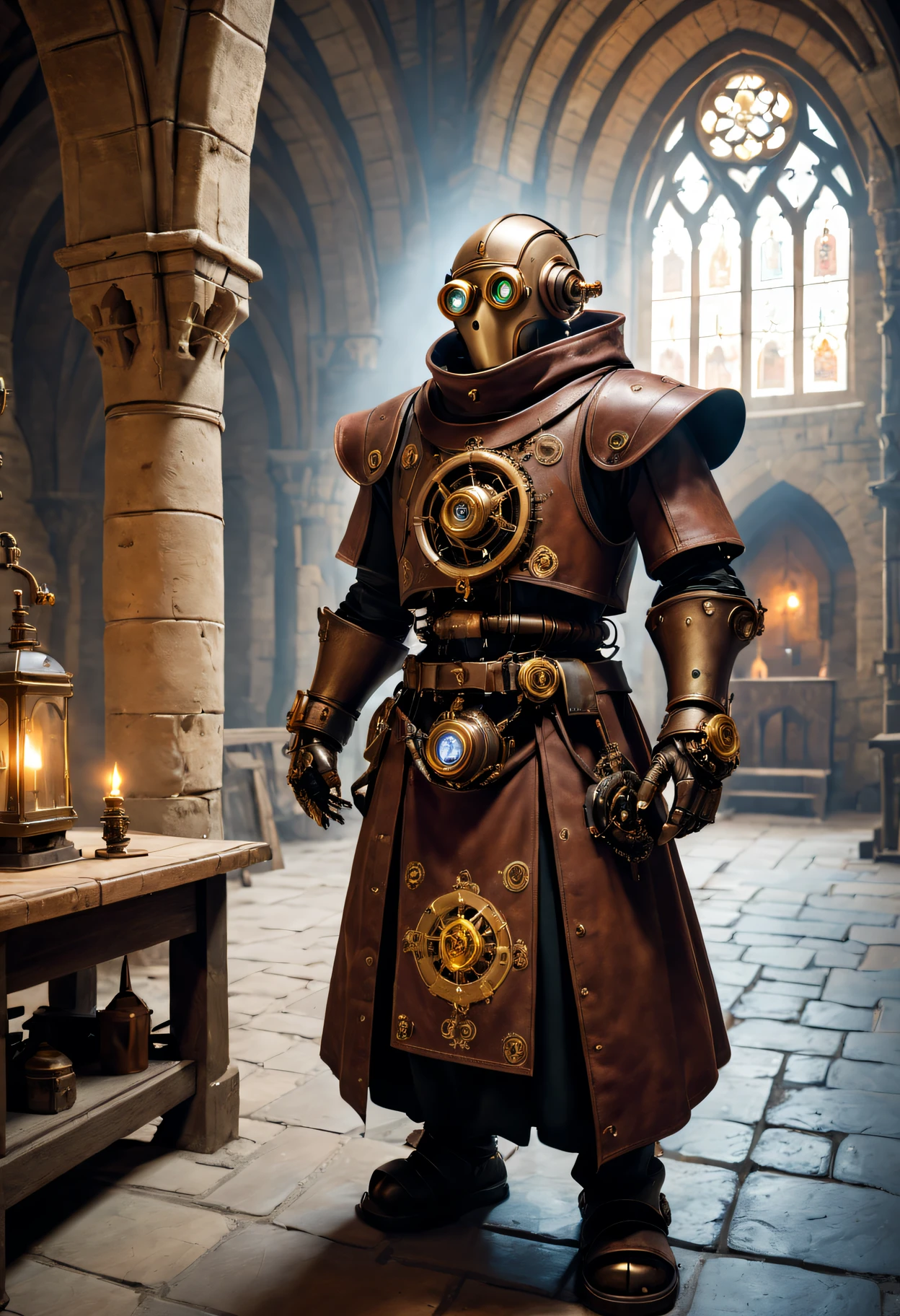 Steampunk robot monk inside a medieval monastery