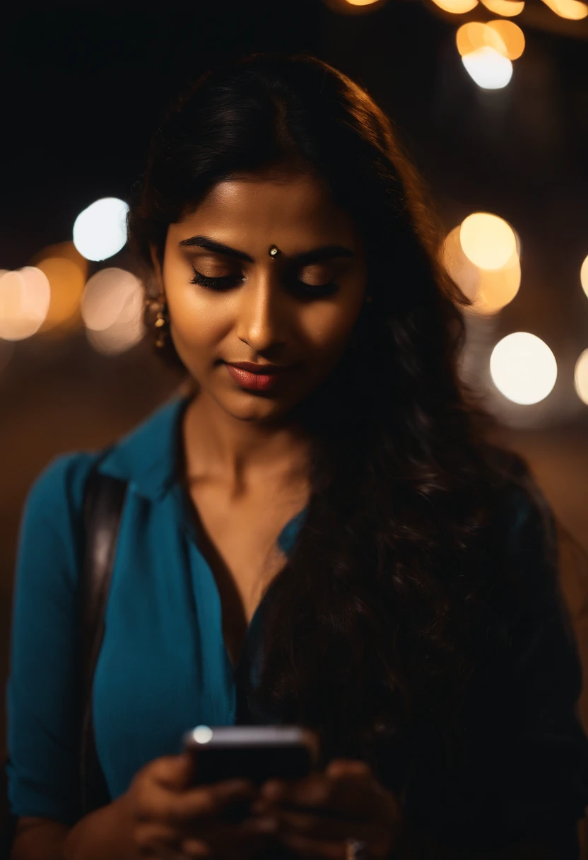 A close-up image of the young Indian woman’s face, illuminated by the soft glow of her mobile phone screen, with a bokeh effect of city lights in the background, capturing the intimacy and personal connection of mobile technology.