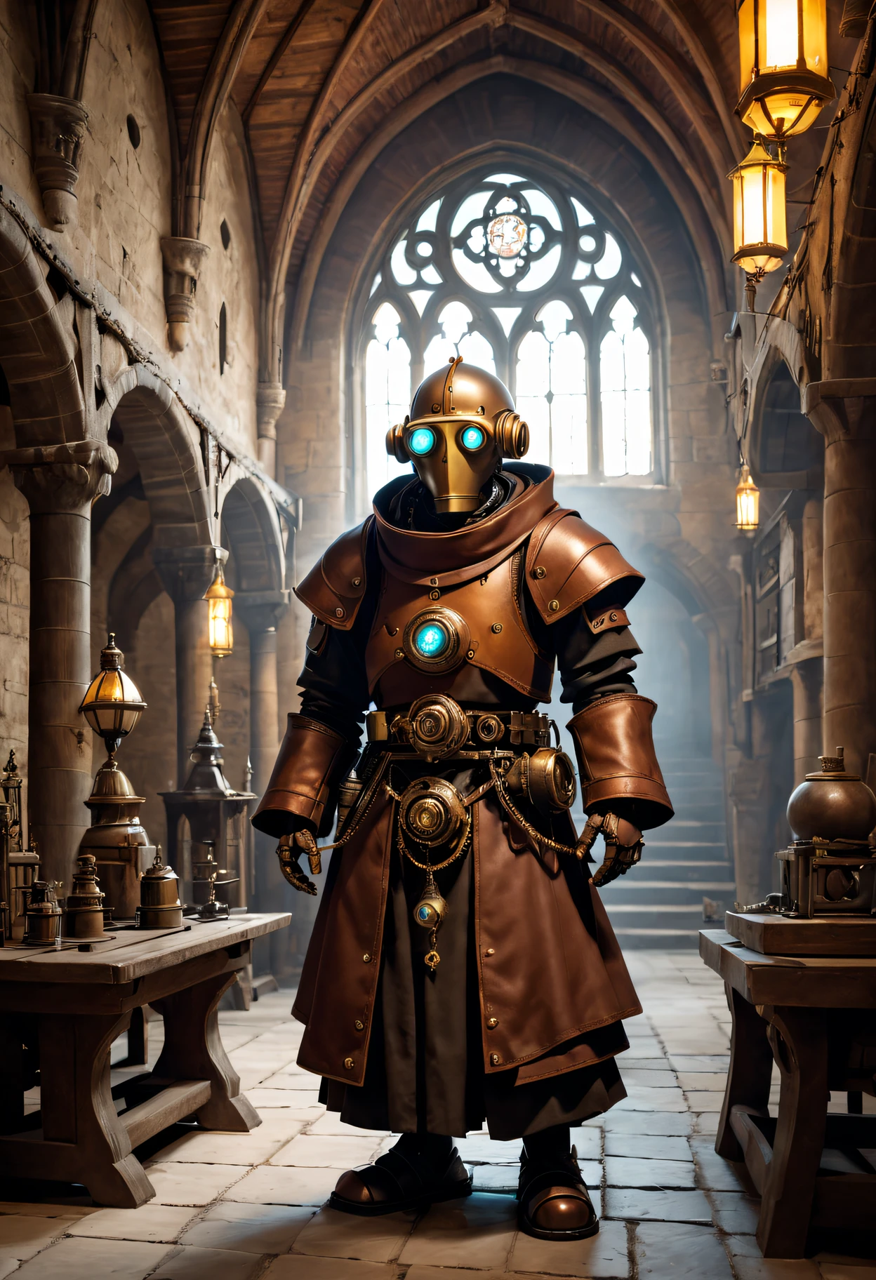Steampunk robot monk inside a medieval monastery