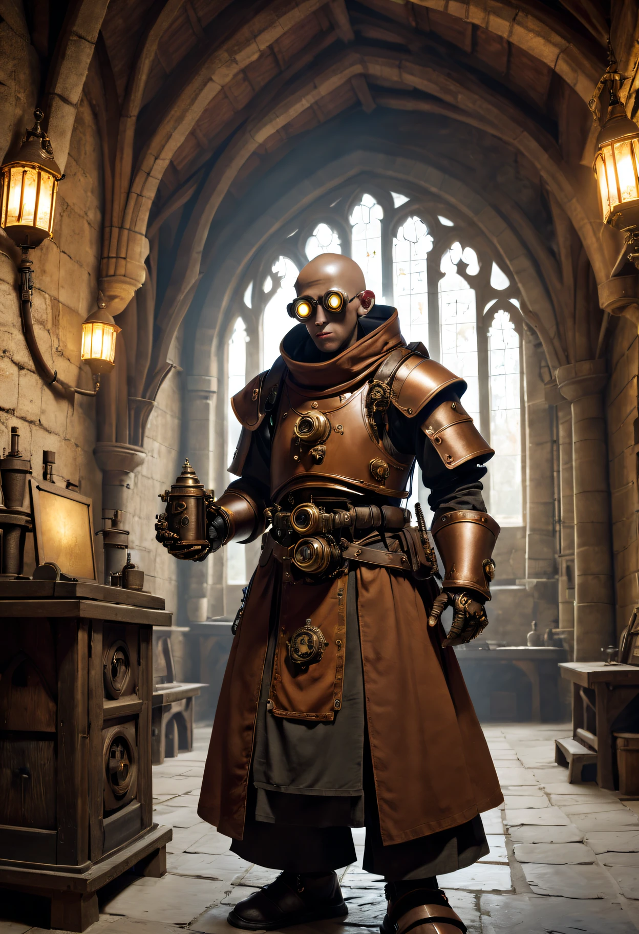 Steampunk robot monk inside a medieval monastery