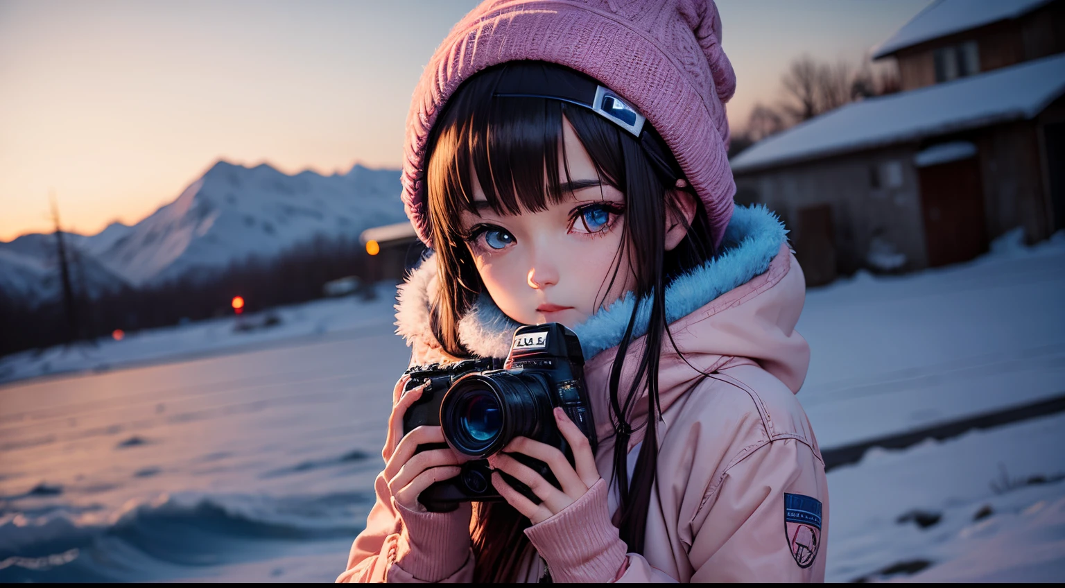 Anime Girl blue-pink eyes, dark hair, and camera in a Photography winter Expeditions