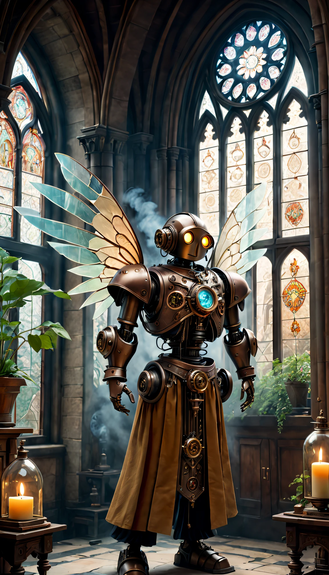 (Best quality at best,4K,8K,A high resolution,tmasterpiece:1.2),ultra - detailed,(actual,realisticlying,Photorealistic:1.37),Medieval monastery garden,steampunk robot monk,Beautiful gorgeous building,Steampunk machinery and gears,Beautiful stained glass windows,enchanting Garden,ancient stone walkway，intricately carved,Glowing candles and dim atmosphere,Steam and smoke billowing from the machine,mysterious atmosphere,Peaceful and tranquil environment,The robot monk has mechanical wings attached to his back,Robot monk with complex clockwork mechanism,Electromechanical eyes sparkle with energy,warm gold color palette,Soft sunlight shines through the stained glass windows,The whisper of the wind and the rustle of the leaves,The aroma of ancient books and incense,Notes of ancient Gregorian chants echo in the air,A sense of awe and tranquility,A combination of futuristic and medieval elements,Harmony between technology and spirit.