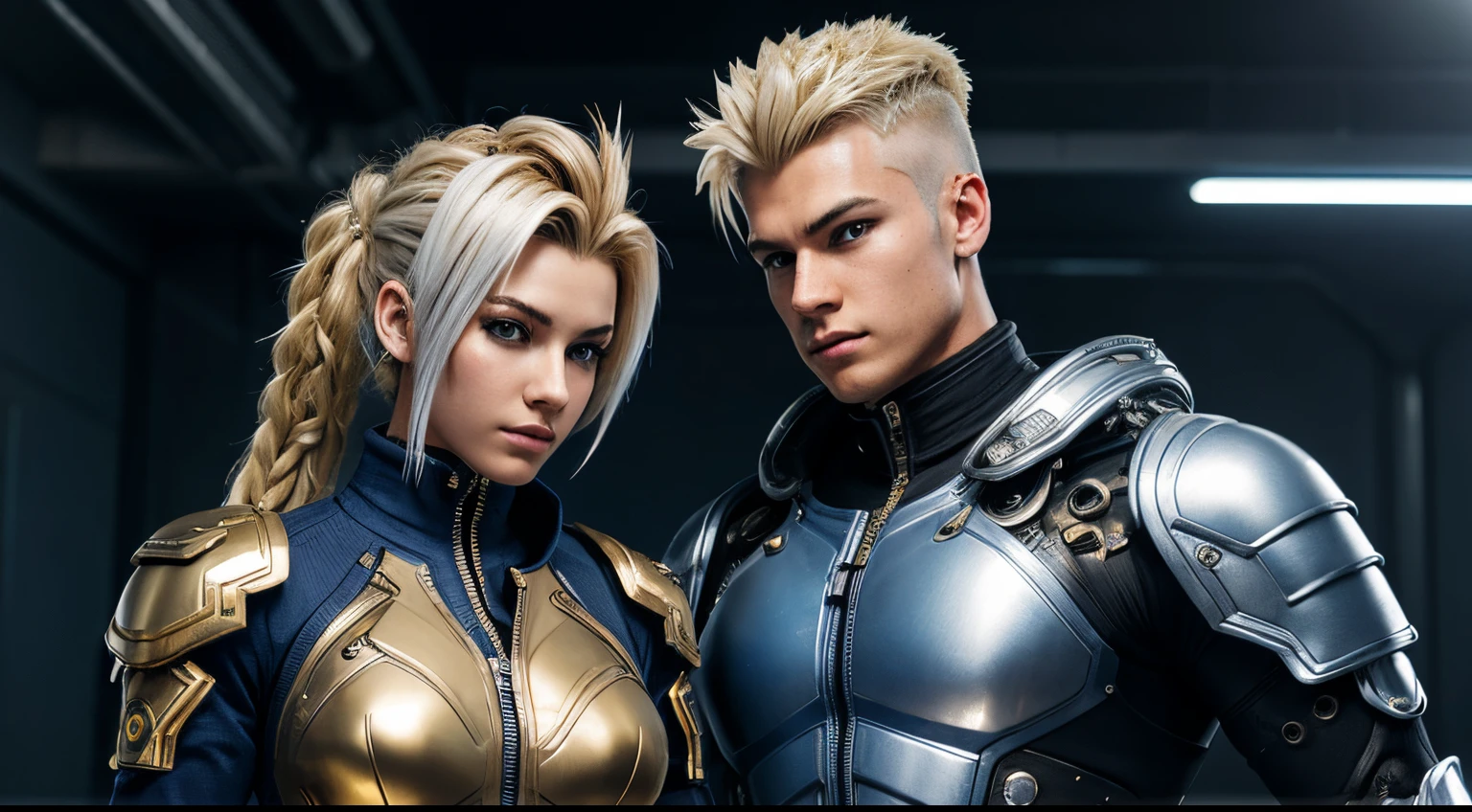 Blond wavy mohawk hair ,Cyborg boy and girl, 16 years old, muscular,rvs silver and gold suit, blue details, intricate details, cyber punk, heavy makeup, body armour, no pants, action game style,flight suit