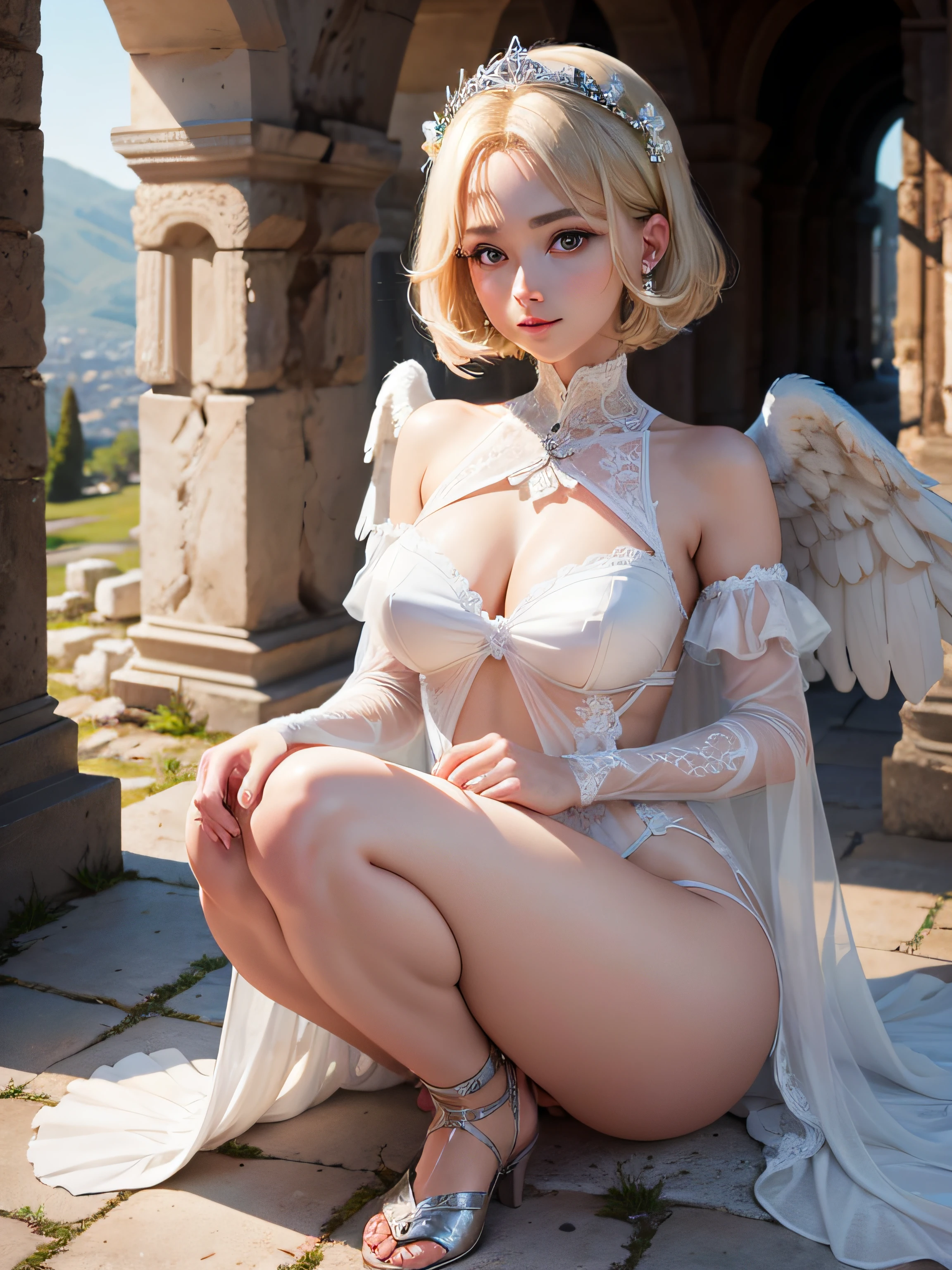 under the starry sky、Ancient Greek ruins visible in the distance、Walk along flowery paths in the Greek hills、8K、realphoto、超A high resolution, Master Parts, Best Quality, nffsw , cinematic images,Lovely girl、ann、18 years Orosaxon、二重まぶた、drooing eyes、Very big eyes、eye shadow、 ighly detailed , a blond、Straight short hair、 Sweet look 、ssmile、Charming gaze、A little embarrassing、thin lipss ,Beautiful nose and slightly pointed tip,、a very beautiful woman、long supple legs、 Very clear shadows , jewely , A sexy , A detailed eye, very intricate, shiny skins , Perfect Brilliant, Perfect Lighting, Dramatic shadows ,White tiara on head、White angel wings from behind Greek see-through white dressing、White bouquet in both hands、