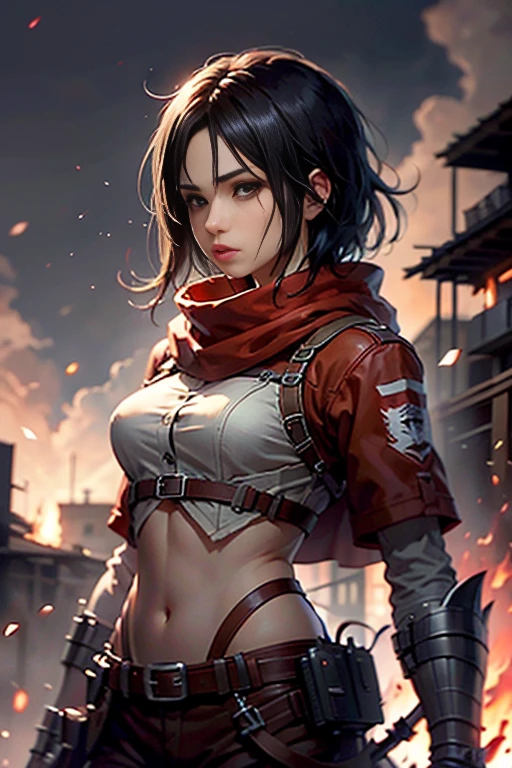 Imagem de Mikasa Ackeman de ((corpo inteiro))、Red scarf on neck, capa verde musgo, Reconnaissance Division Neck Uniform, seios grandes, corpo definido, guerreira, lado a lado (segurando uma espada), segurando sua espada, Destroyed city background and flames, zoom em seus olhos que reflete o fogo que queima sua casa, Mikasa is in a burning village at night, Smoke and fire particles in the air、(1girl em)、(realisitic)、(fotorrealista:1.5)、Batomornsardas、cabelos pretos, 8k UHD、(filmgrain) extremamente delicado e bonito、8k, alta qualidade、alta resolução, ju、ighly detalhado、((Durante a noite))、(brilho do fogo refletido no rosto)、belos olhos detalhados、 olhos e rosto extremamente detalhados、obra prima、(lighting like a movie)、(pele de alto detalhe:1.2)、8k UHD、Digital SLR、a strong illumination of fire、alta qualidade、filmgrain、obra prima, qualidade superior, alta qualidade, alta resolução, ((muito nitido)), foto tirada com camera profissional de longo alcance, altissima qualidade, preservar face