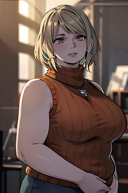 masterpiece , 4K, high quality, obese 1girl, blurry, photo_\(medium\), realistic, short_hair, sleeveless, solo, looking_at_viewer, obese body, blonde_hair, shirt, bare_shoulders, jewelry, green_eyes, upper_body, parted_lips, necklace, sweater, lips, turtleneck, bob_cut, sleeveless_turtleneck, orange_shirt, obese Ashley, 3d,