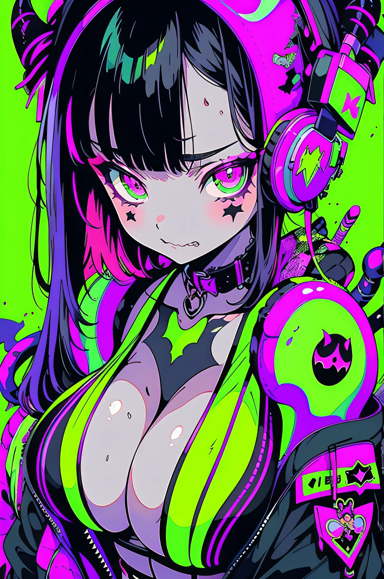 (top-quality)Devil Anime Girl,A dark-haired,drooing eyes,The bikini,Open jacket,Colossal tits,long,half up,neon green and purple color background, smirking face,