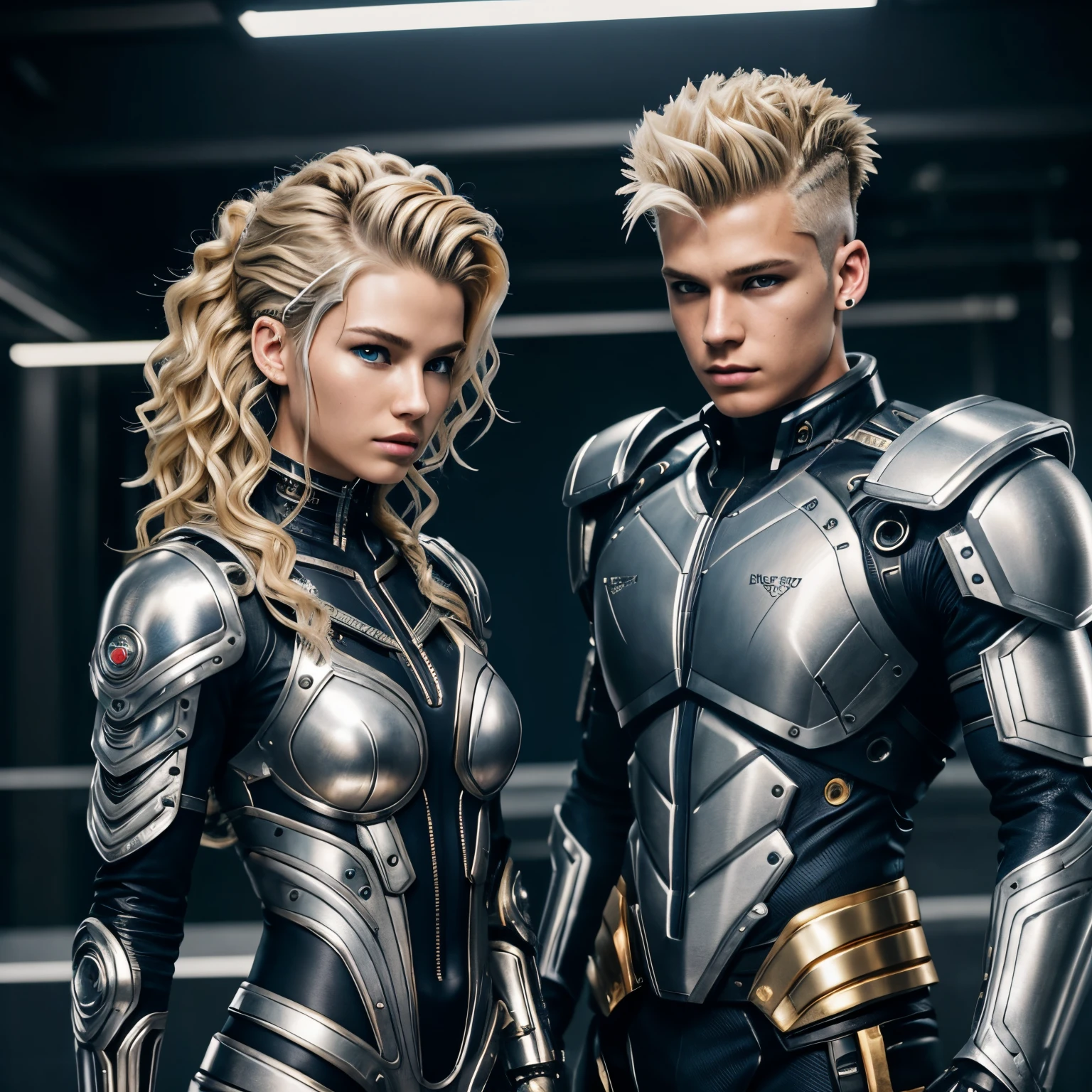 Blond wavy mohawk hair ,Cyborg boy and girl, , muscular,rvs silver and gold suit, blue details, intricate details, cyber punk, heavy makeup, body armour, no pants, action game style