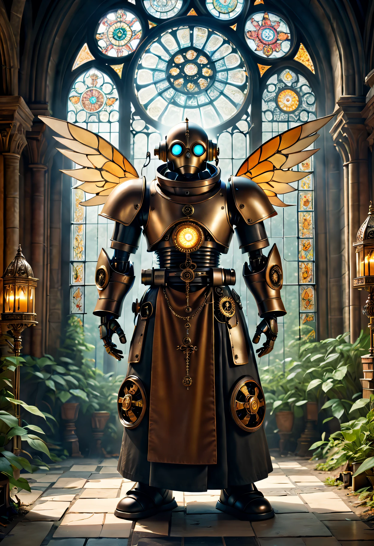 (Best quality at best,4K,8K,A high resolution,tmasterpiece:1.2),ultra - detailed,(actual,realisticlying,Photorealistic:1.37),Medieval monastery garden,steampunk robot monk,Beautiful gorgeous building,Steampunk machinery and gears,Beautiful stained glass windows,enchanting Garden,ancient stone walkway,intricately carved,Glowing candles and dim atmosphere,Steam and smoke billowing from the machine,mysterious atmosphere,Peaceful and tranquil environment,The robot monk has mechanical wings attached to his back,Robot monk with complex clockwork mechanism,Electromechanical eyes sparkle with energy,warm gold color palette,Soft sunlight shines through the stained glass windows,The whisper of the wind and the rustle of the leaves,The aroma of ancient books and incense,Notes of ancient Gregorian chants echo in the air,A sense of awe and tranquility,A combination of futuristic and medieval elements,Harmony between technology and spirit.