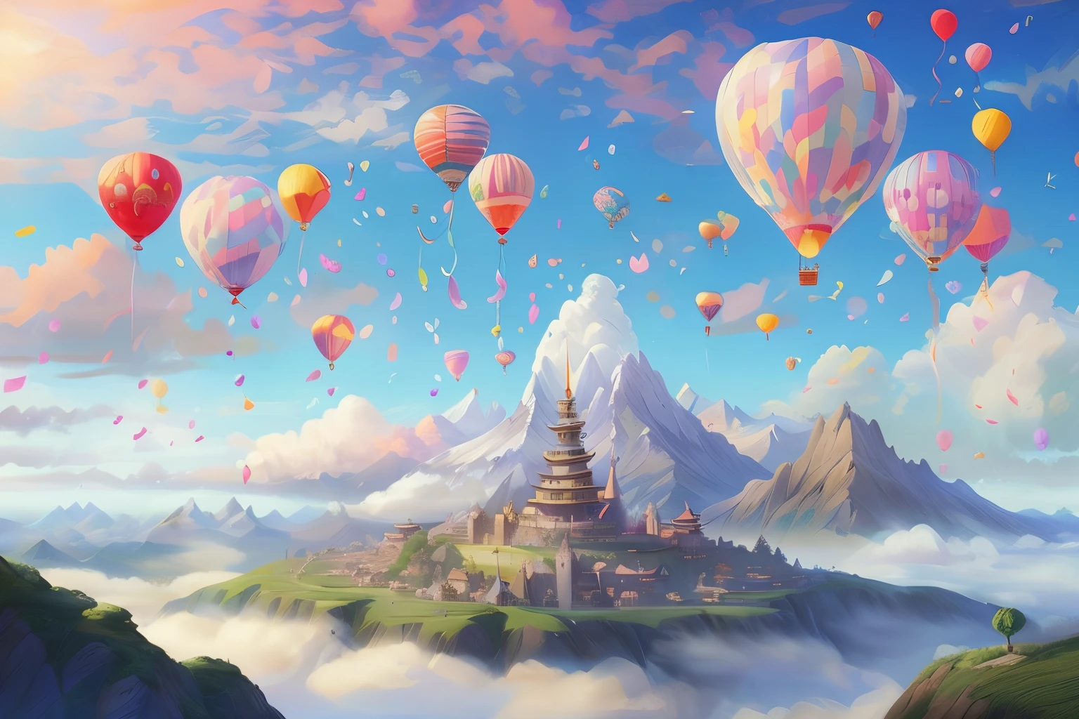 Many balloons are flying over the mountain where the castle is located, fantasy matte painting,Cute, whimsical fantasy landscape art, colorful anime movie background, fantasy art landscape, Floating area in the clouds, colorfull digital fantasy art, colorful concept art, detailed fantasy digital art, a beautiful artwork illustration, Dreamy Matte Painting, matte painting in fantasy style, 4K highly detailed digital art