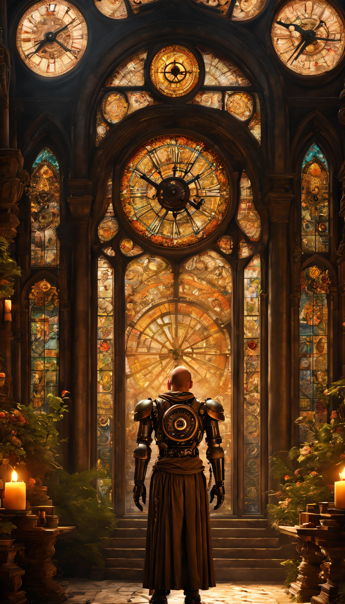 (Best quality at best,4K,8K,A high resolution,tmasterpiece:1.2),ultra - detailed,(actual,realisticlying,Photorealistic:1.37),Medieval monastery garden,steampunk robot monk,Beautiful gorgeous building,Steampunk machinery and gears,Beautiful stained glass windows,enchanting Garden,ancient stone walkway,intricately carved,Glowing candles and dim atmosphere,Steam and smoke billowing from the machine,mysterious atmosphere,Peaceful and tranquil environment,The robot monk has mechanical wings attached to his back,Robot monk with complex clockwork mechanism,Electromechanical eyes sparkle with energy,warm gold color palette,Soft sunlight shines through the stained glass windows,The whisper of the wind and the rustle of the leaves,The aroma of ancient books and incense,Notes of ancient Gregorian chants echo in the air,A sense of awe and tranquility,A combination of futuristic and medieval elements,Harmony between technology and spirit.