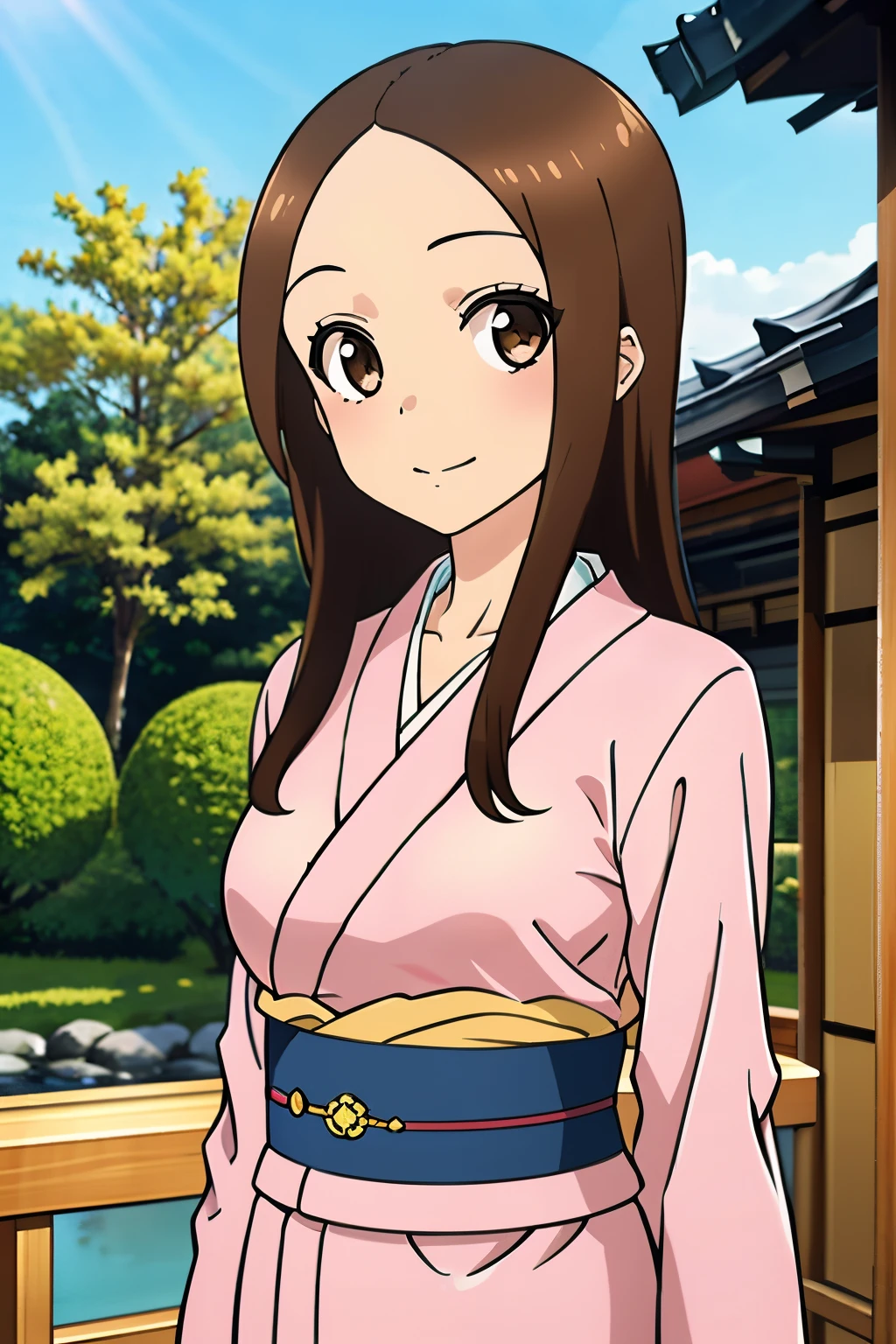 (Realistic), (Photorealistic), Takagi_San, Long hair, Brown hair, Part bangs, Brown eyes, Beautiful pink kimono with big full breasts:1.2), Forehead, Smile, Looking at Viewer, masutepiece, Best Quality, (Colorful), volumatic light, Ray tracing, the Extremely Detailed CG Unity 8K Wallpapers, Smile, Sunny, Bright sunshine, shrine background, shrine garden, learning forward