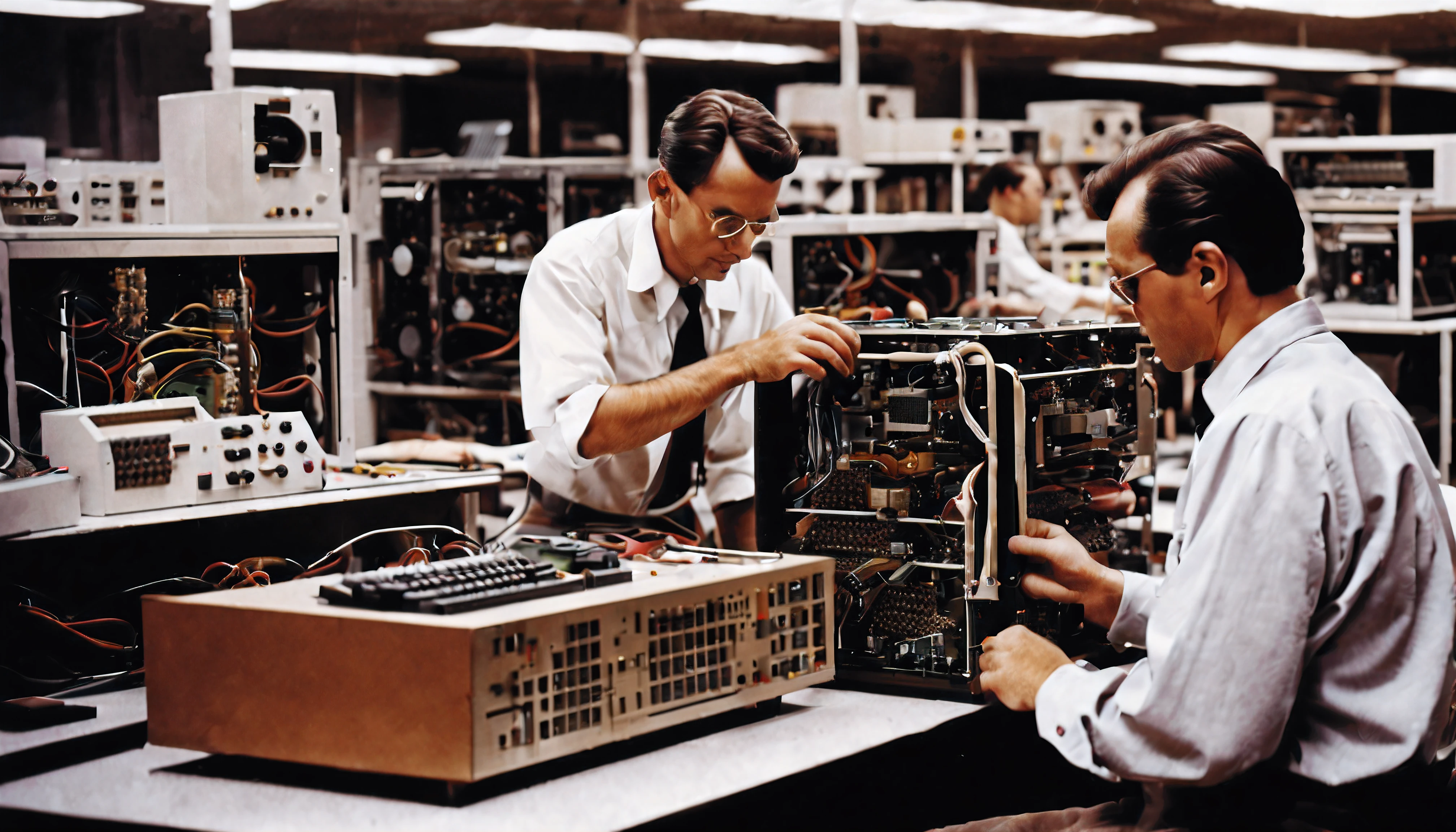 vintage color photograph of a group of engineers in their mid-thirties creating and building the very first computer. background is indoors of a lab with papers containing designs, machine parts, electrical tools and equipment all around the men. Cinematic lighting, perfect textures and reflections