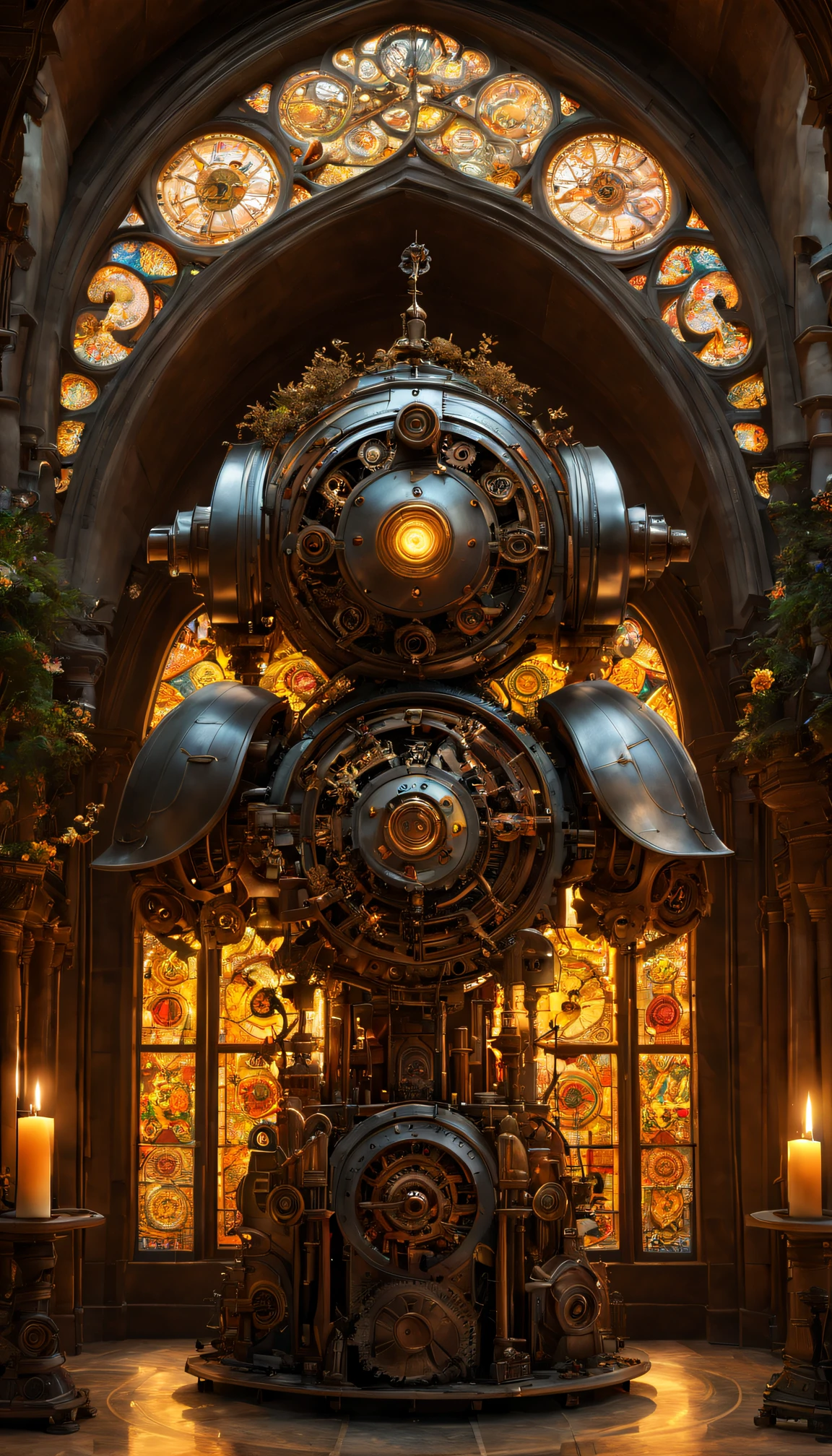 (Best quality at best,4K,8K,A high resolution,tmasterpiece:1.2),ultra - detailed,(actual,realisticlying,Photorealistic:1.37),Medieval monastery garden,steampunk robot monk,Beautiful gorgeous building,Steampunk machinery and gears,Beautiful stained glass windows,enchanting Garden,ancient stone walkway,intricately carved,Glowing candles and dim atmosphere,Steam and smoke billowing from the machine,mysterious atmosphere,Peaceful and tranquil environment,The robot monk has mechanical wings attached to his back,Robot monk with complex clockwork mechanism,Electromechanical eyes sparkle with energy,warm gold color palette,Soft sunlight shines through the stained glass windows,The whisper of the wind and the rustle of the leaves,The aroma of ancient books and incense,Notes of ancient Gregorian chants echo in the air,A sense of awe and tranquility,A combination of futuristic and medieval elements,Harmony between technology and spirit.
