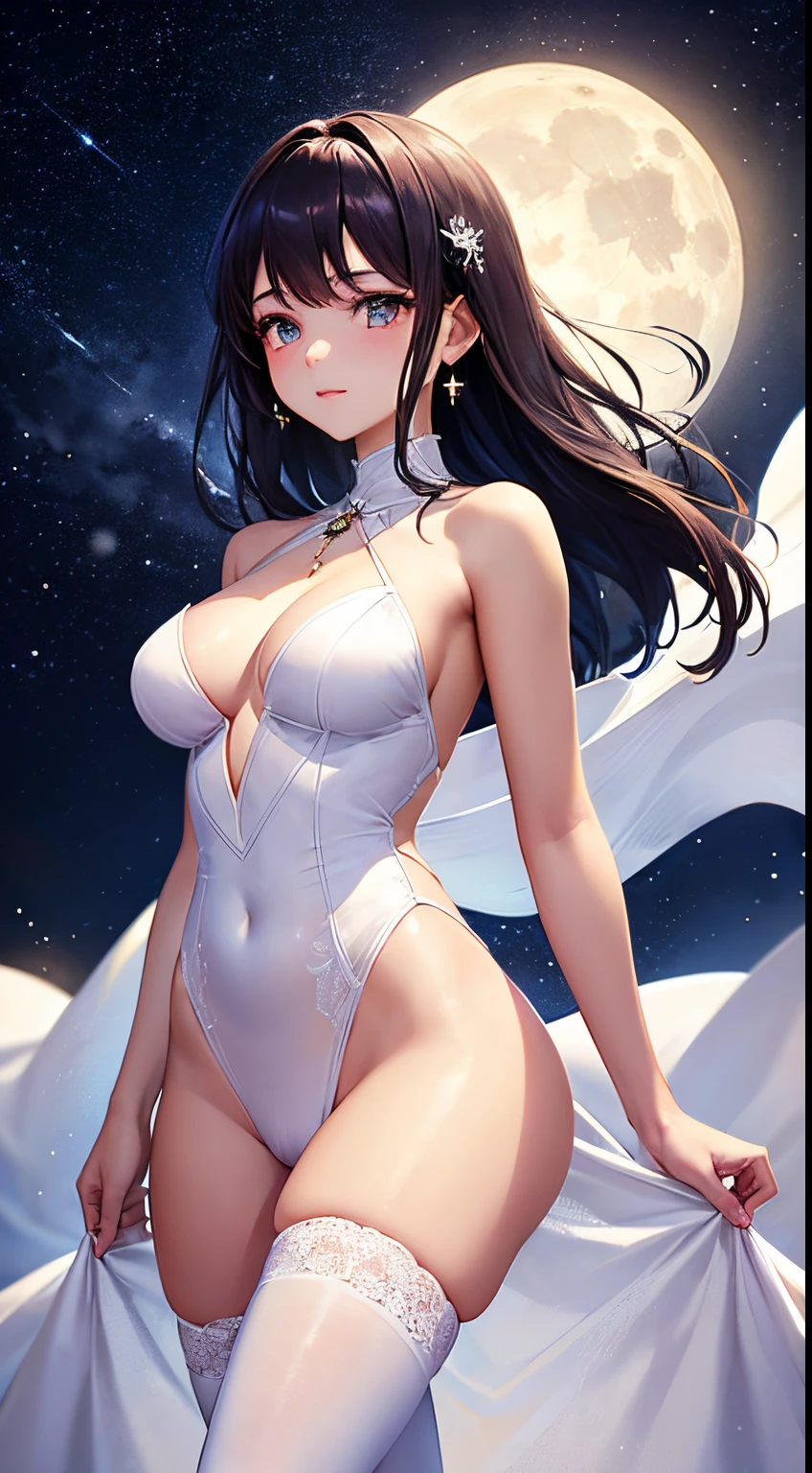 A flawless girl wearing a white tulle moonlight with perfect body proportions,Girls wear precious metal jewelry,moist skin dream background,Slender and beautiful legs in white stockings with starry sky as background。Looking at your elegance tenderly。dignified