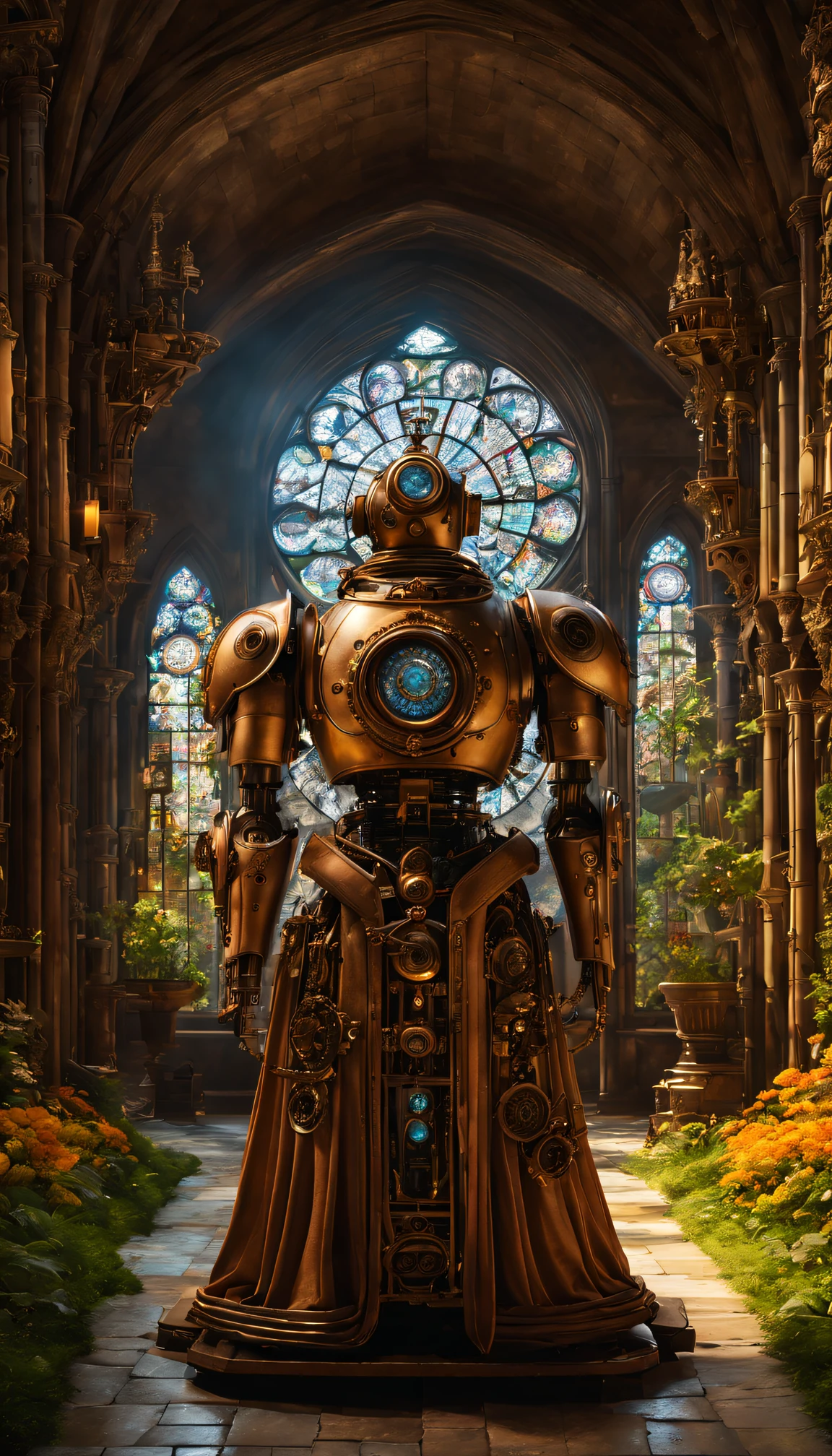 (Best quality at best,4K,8K,A high resolution,tmasterpiece:1.2),ultra - detailed,(actual,realisticlying,Photorealistic:1.37),Medieval monastery garden,steampunk robot monk,Beautiful gorgeous building,Steampunk machinery and gears,Beautiful stained glass windows,enchanting Garden,ancient stone walkway，intricately carved,Glowing candles and dim atmosphere,Steam and smoke billowing from the machine,mysterious atmosphere,Peaceful and tranquil environment,The robot monk has mechanical wings attached to his back,Robot monk with complex clockwork mechanism,Electromechanical eyes sparkle with energy,warm gold color palette,Soft sunlight shines through the stained glass windows,The whisper of the wind and the rustle of the leaves,The aroma of ancient books and incense,Notes of ancient Gregorian chants echo in the air,A sense of awe and tranquility,A combination of futuristic and medieval elements,Harmony between technology and spirit.