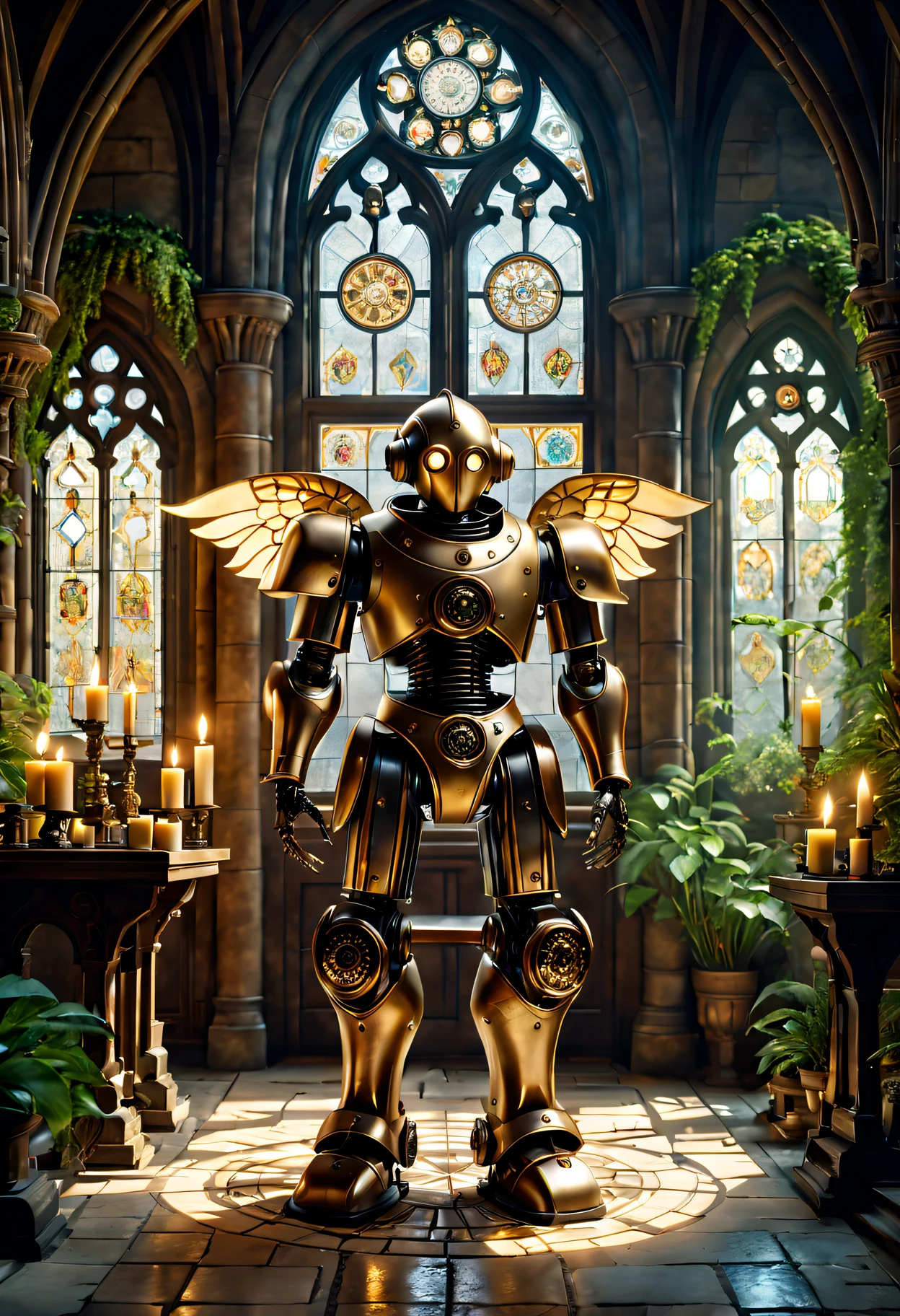 Medieval monastery,steampunk robot monk,Beautiful gorgeous building,Steampunk machinery and gears stained glass window,ancient stone floor,The carving process is complex,Glowing candles,Lush plants,Calm and peaceful environment,Robot monk with mechanical wings on his shoulders,The complex clockwork mechanism of the robot monk,Powerful electromechanical eyes,warm gold color palette,Soft sunlight shines through the stained glass windows,A combination of futuristic and medieval elements,Harmony between technology and spirit。(Best quality at best,4K,8K,A high resolution,tmasterpiece:1.2),ultra - detailed,(actual,realisticlying,Photorealistic:1.37),