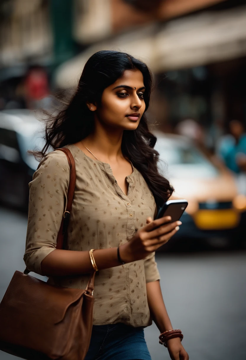 A detailed and realistic image showcasing the young Indian woman walking confidently through a busy street, multitasking with her mobile phone, a symbol of her independence and adaptability in a fast-paced city.