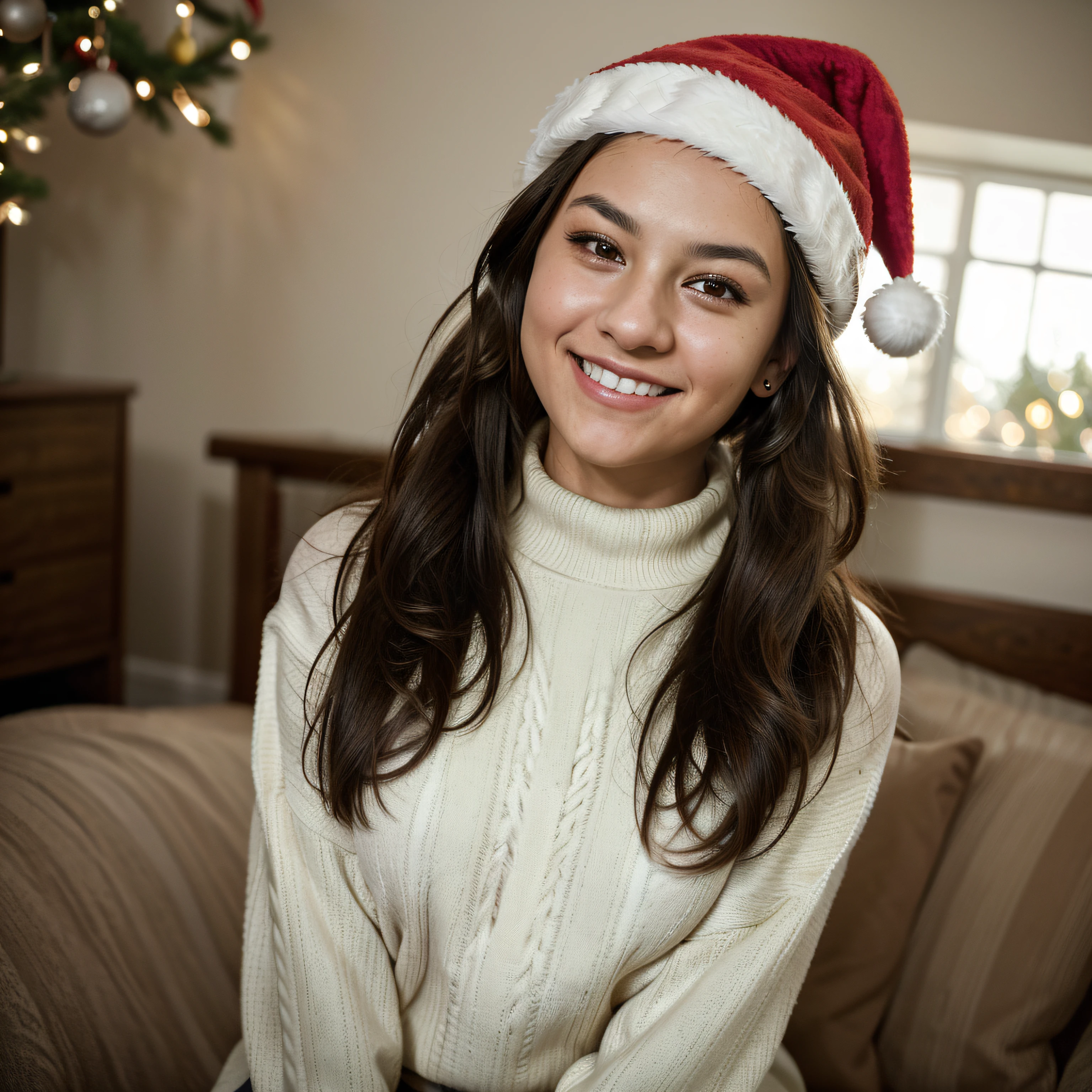 Portrait photo of a girl, more smile, posing, look at a camera, dark brunette hair, ponytails, brown eyes, complex christmas home background, backlit, (cinematic:1.5), epic realistic, hyperdetailed, insane details, intricate details, accent lighting, soft volumetric light, bokeh, (dramatic light:1.2), cross process, (women sweater), dynamic angle, (flirting with camera: 0.7), middle boobs, santa hat