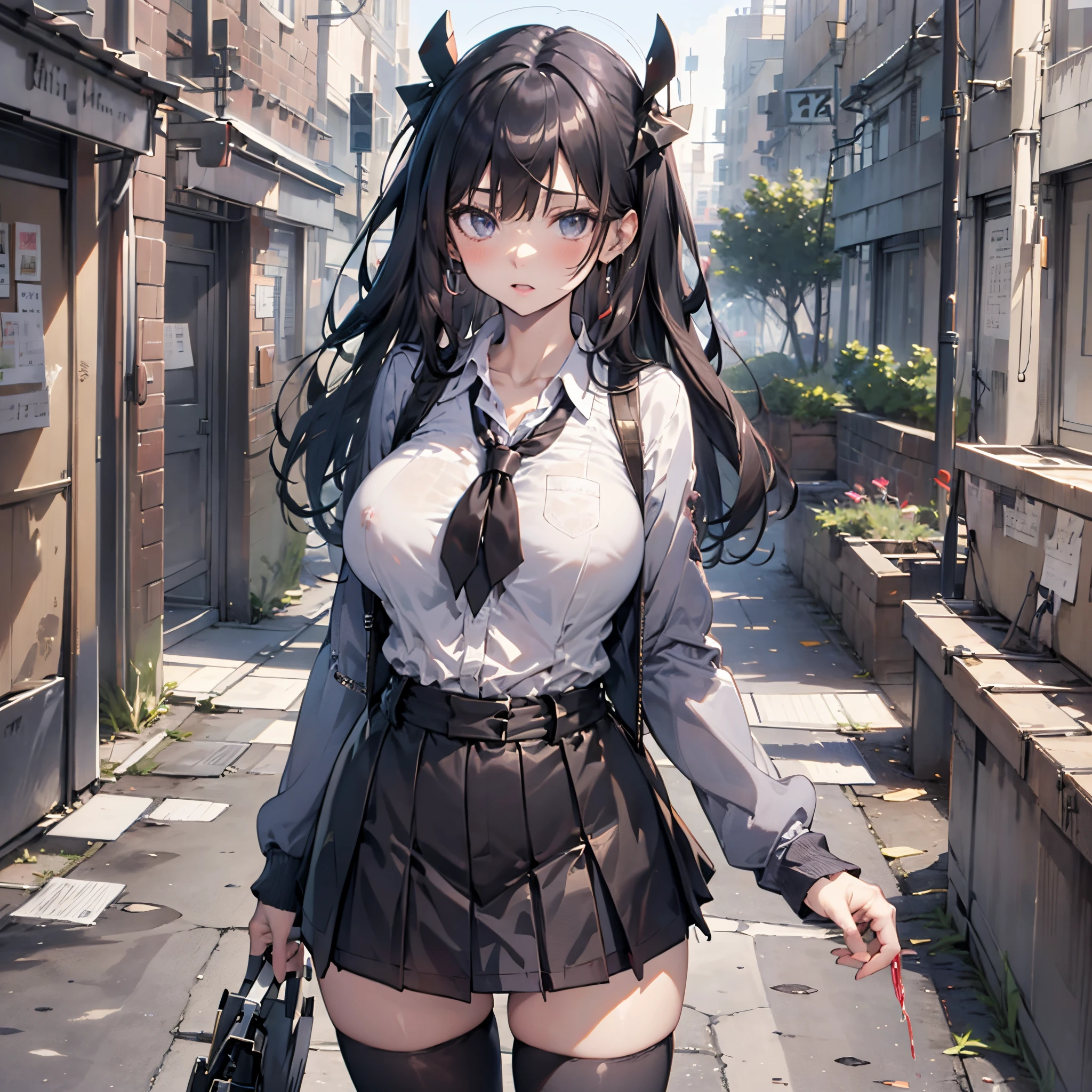 (1 anime girl standing:1.3), (solo:2.0), (huge perky breasts:2.0), (thin waist:1.3), (thin long legs:1.5), (black thighhighs:1.3), (very short miniskirt:1.8), nose blush, embarrassed, (school uniform:1.5), cardigan, (excessive pussy juice cascade down between legs:1.5), (orgasm:1.3), (nsfw:1.3), masterpiece