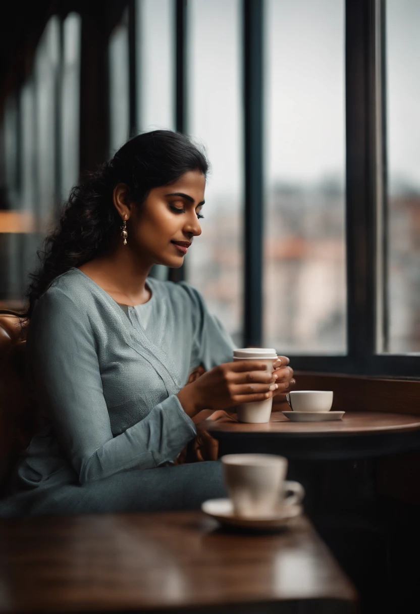 An artistic representation of the young Indian woman sitting at a trendy café, enjoying a cup of coffee while using her mobile phone, with the urban landscape visible through large windows, representing the fusion of technology and relaxation.