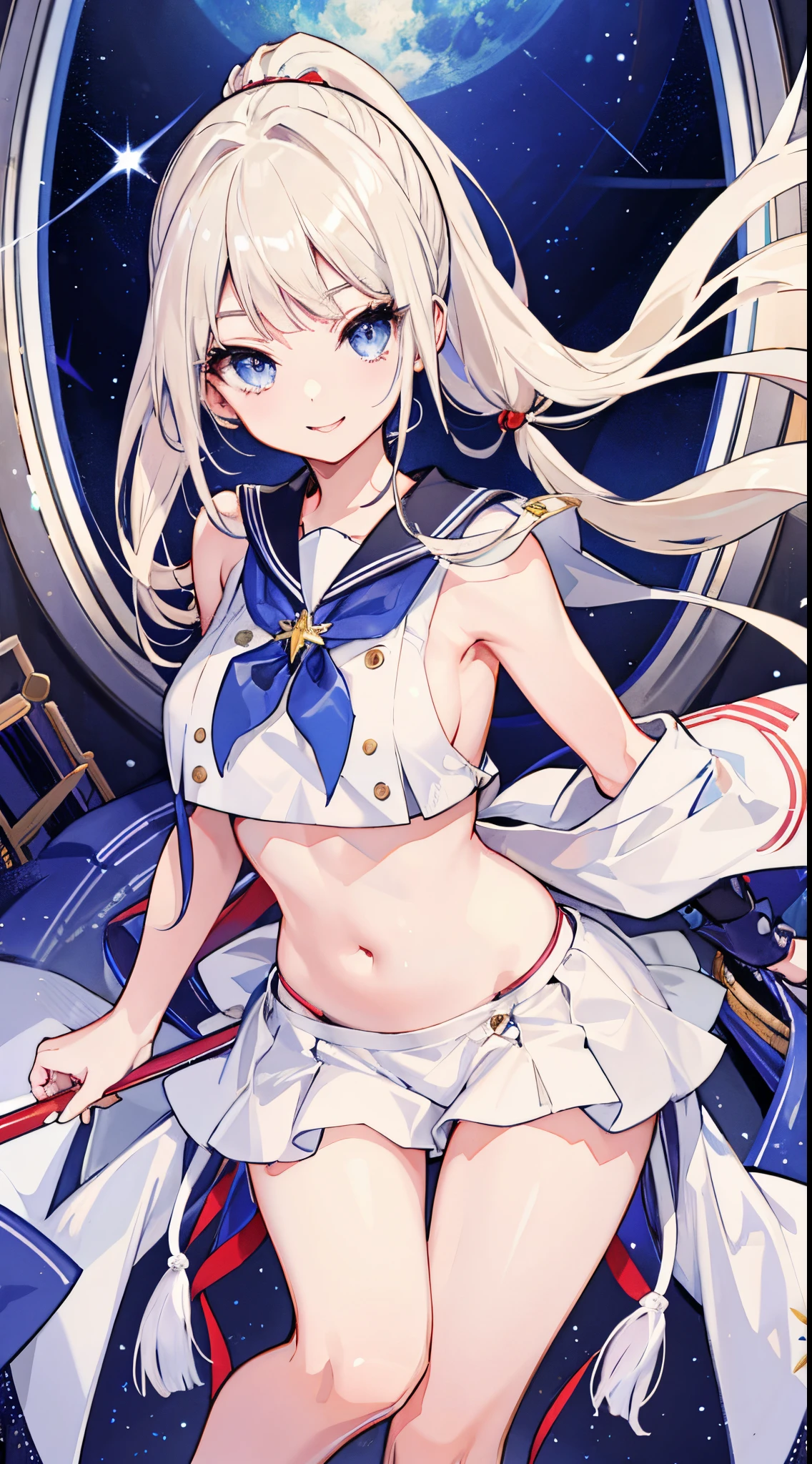 top-quality、realistic touch,high-detail、photoRealstic、long body、thin-waist、captive beauty、big eye、Strong platinum blonde eyelashes、platinum-blond、full body Esbian、Sparkling eyes、Submissive smile、Flushed cheeks、Kamimei、thin-waist、Voluptuous thighs、Enraptured look、Raked bangs、The forehead is protruding、a sailor suit、sleeveless、Inside a room、pony tail hairstyle、standing、clothes with wide open sides、Navel Look、fuge boobs