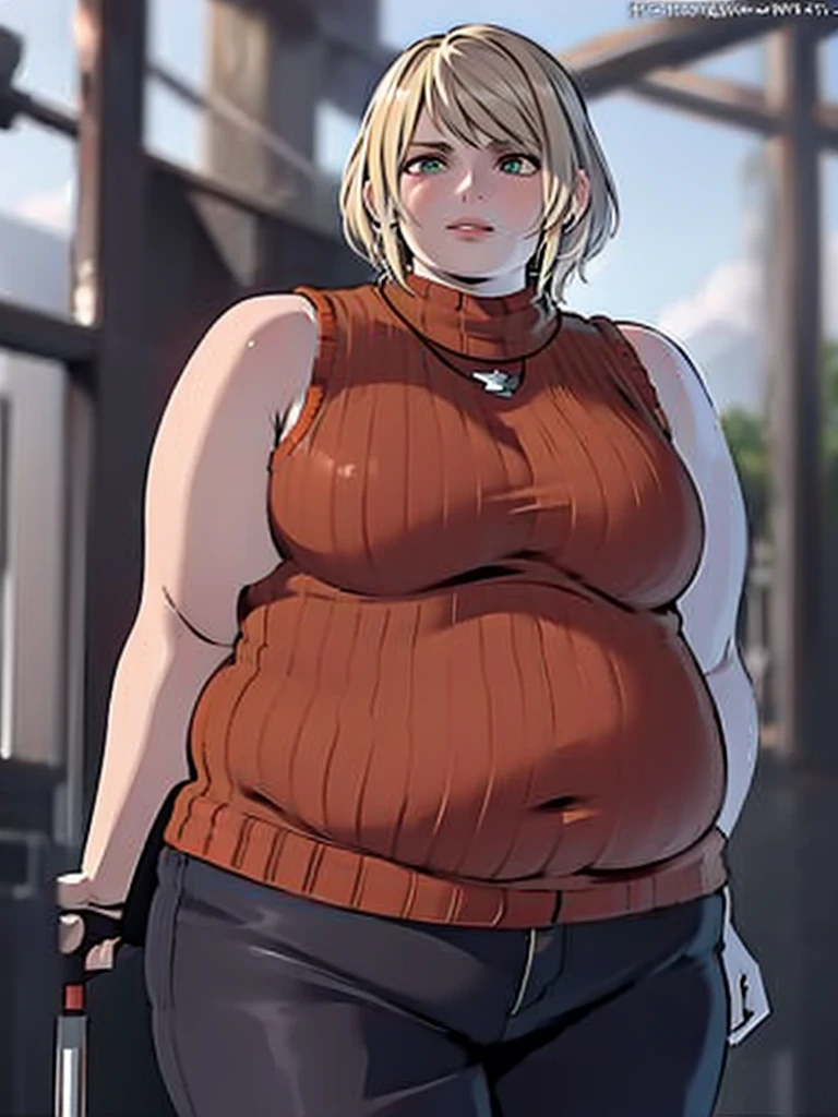 masterpiece , 4K, high quality, obese 1girl, blurry, photo_\(medium\), realistic, short_hair, sleeveless, solo, looking_at_viewer, obese body, blonde_hair, shirt, bare_shoulders, jewelry, green_eyes, upper_body, parted_lips, necklace, sweater, lips, turtleneck, bob_cut, sleeveless_turtleneck, orange_shirt, obese Ashley, 3d,