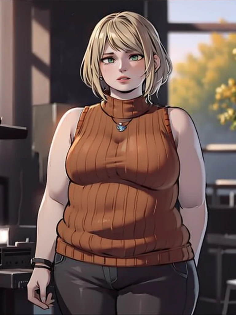 masterpiece , 4K, high quality, obese 1girl, blurry, photo_\(medium\), realistic, short_hair, sleeveless, solo, looking_at_viewer, obese body, blonde_hair, shirt, bare_shoulders, jewelry, green_eyes, upper_body, parted_lips, necklace, sweater, lips, turtleneck, bob_cut, sleeveless_turtleneck, orange_shirt, obese Ashley, 3d,