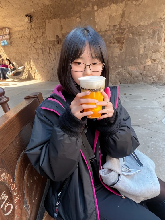 Woman sitting on a bench and drinking coffee, drinking boba tea, holding a drink, Drink, xintong chen, with a drink, iu, taken with sony alpha 9, Young Asian Girl, photo taken with canon 5d, chiho, wenfei ye, Drinking, Drinking tea, gongbi, holding a boba milky oolong tea