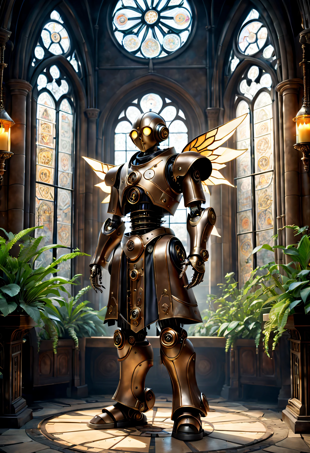 Medieval monastery,steampunk robot monk,Beautiful gorgeous building,Steampunk machinery and gears stained glass window,ancient stone floor,The carving process is complex,Glowing candles,Lush plants,Calm and peaceful environment,Robot monk with mechanical wings on his shoulders,The complex clockwork mechanism of the robot monk,Powerful electromechanical eyes,warm gold color palette,Soft sunlight shines through the stained glass windows,A combination of futuristic and medieval elements,Harmony between technology and spirit。(Best quality at best,4K,8K,A high resolution,tmasterpiece:1.2),ultra - detailed,(actual,realisticlying,Photorealistic:1.37),