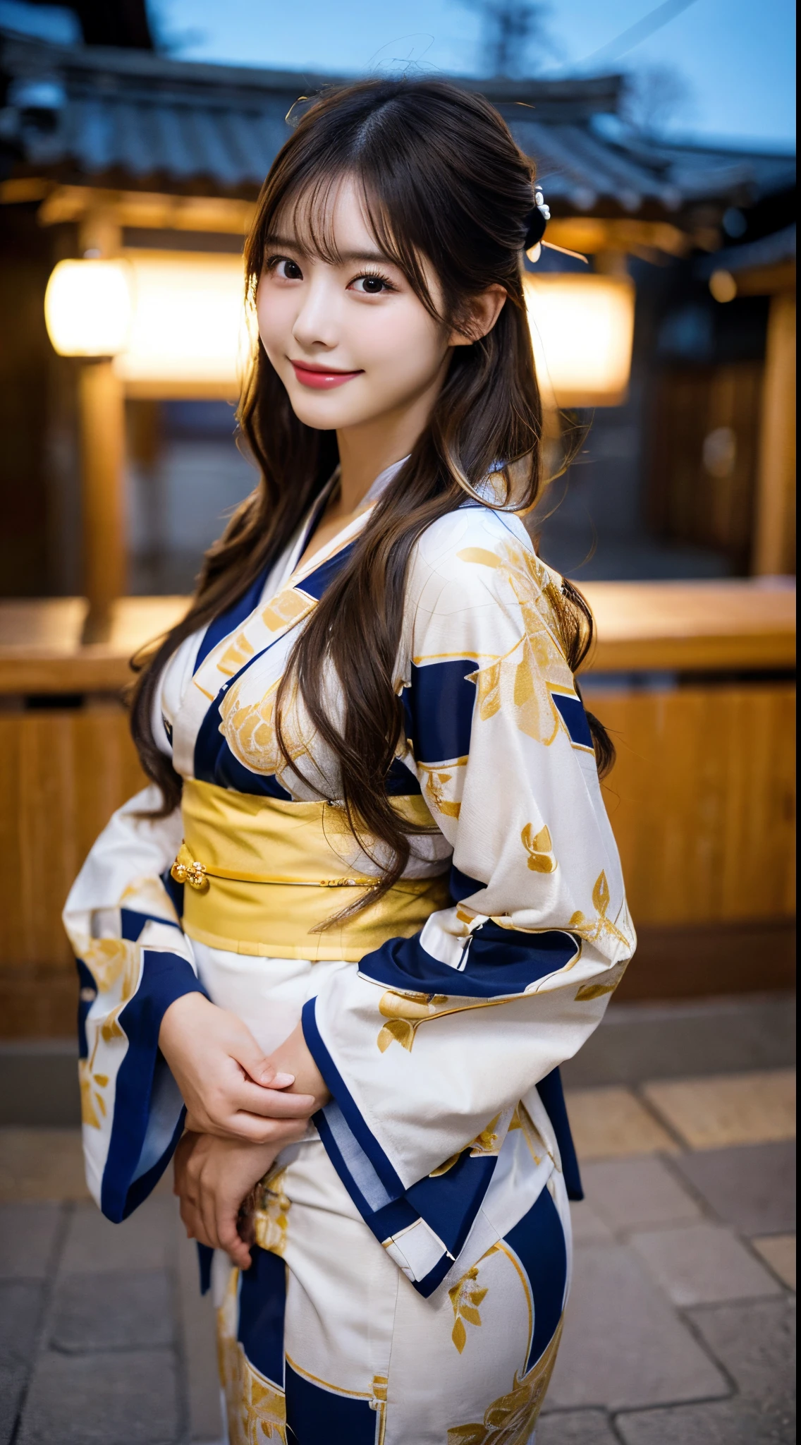 8K, absurdres, 4K, highres, ultra detailed, best quality, insanely detailed, masterpiece, beautiful, high quality, detailed, hyper detailed, exquisite, a girl, smiling, standing, looking at viewer, side view, long hair, straight hair, brown hair, tareme, droopy eyes, shiny skin, detailed skin, detailed face, glamorous, voluptuous, curvy, beautiful ass, beautiful breasts, (idol, kimono:1.3), curvy, japanese idol, cute face, teenager, japanese, in the hot spring, at dusk, with snow, raw photo, photorealistic, ultra realistic photo, portrait photography, nsfw, cowboy shot, from front, dynamic angle, sharpen, golden hour, cinematic lighting, depth of field