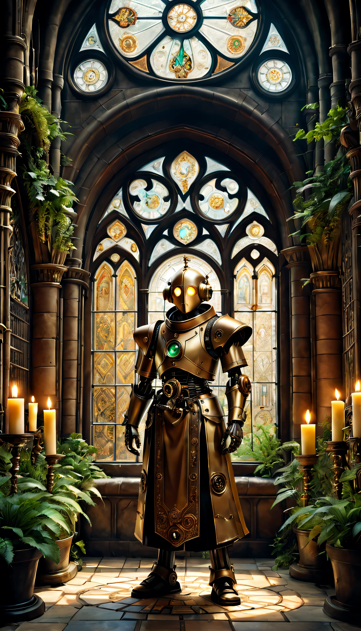 Medieval monastery，steampunk robot monk，Beautiful gorgeous building，Steampunk machinery and gears stained glass window，ancient stone floor，The carving process is complex，Glowing candles，Lush plants，Calm and peaceful environment，Robot monk with mechanical wings on his shoulders，The complex clockwork mechanism of the robot monk，Powerful electromechanical eyes，warm gold color palette，Soft sunlight shines through the stained glass windows，A combination of futuristic and medieval elements，Harmony between technology and spirit。(Best quality at best,4K,8K,A high resolution,tmasterpiece:1.2),ultra - detailed,(actual,realisticlying,Photorealistic:1.37),