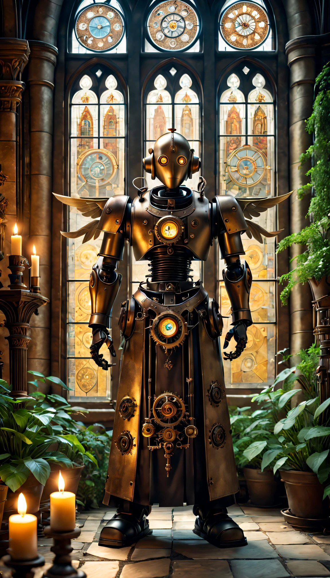 Medieval monastery,steampunk robot monk,Beautiful gorgeous building,Steampunk machinery and gears stained glass window,ancient stone floor,The carving process is complex,Glowing candles,Lush plants,Calm and peaceful environment,Robot monk with mechanical wings on his shoulders,The complex clockwork mechanism of the robot monk,Powerful electromechanical eyes,warm gold color palette,Soft sunlight shines through the stained glass windows,A combination of futuristic and medieval elements,Harmony between technology and spirit。(Best quality at best,4K,8K,A high resolution,tmasterpiece:1.2),ultra - detailed,(actual,realisticlying,Photorealistic:1.37),