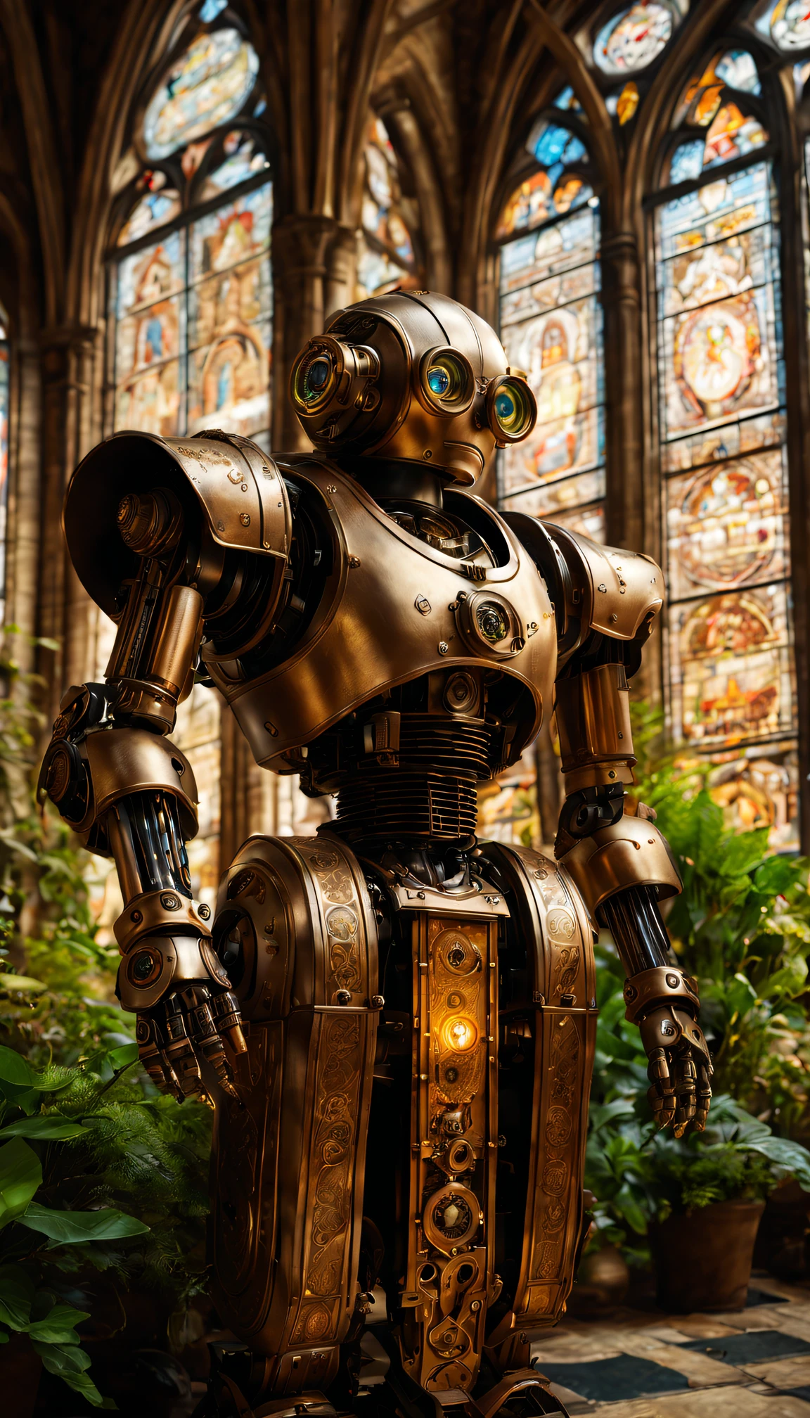 Medieval monastery，steampunk robot monk，Beautiful gorgeous building，Steampunk machinery and gears stained glass window，ancient stone floor，The carving process is complex，Glowing candles，Lush plants，Calm and peaceful environment，Robot monk with mechanical wings on his shoulders，The complex clockwork mechanism of the robot monk，Powerful electromechanical eyes，warm gold color palette，Soft sunlight shines through the stained glass windows，A combination of futuristic and medieval elements，Harmony between technology and spirit。(Best quality at best,4K,8K,A high resolution,tmasterpiece:1.2),ultra - detailed,(actual,realisticlying,Photorealistic:1.37),