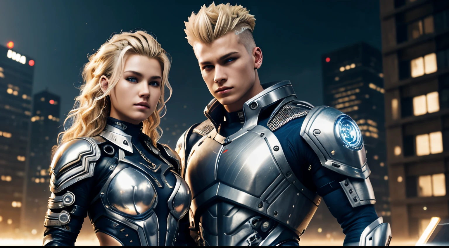Blond wavy mohawk hair ,Cyborg boy and girl, 16 years old, muscular,rvs silver and gold suit, blue details, intricate details, cyber punk, heavy makeup, body armour, no pants, action game style