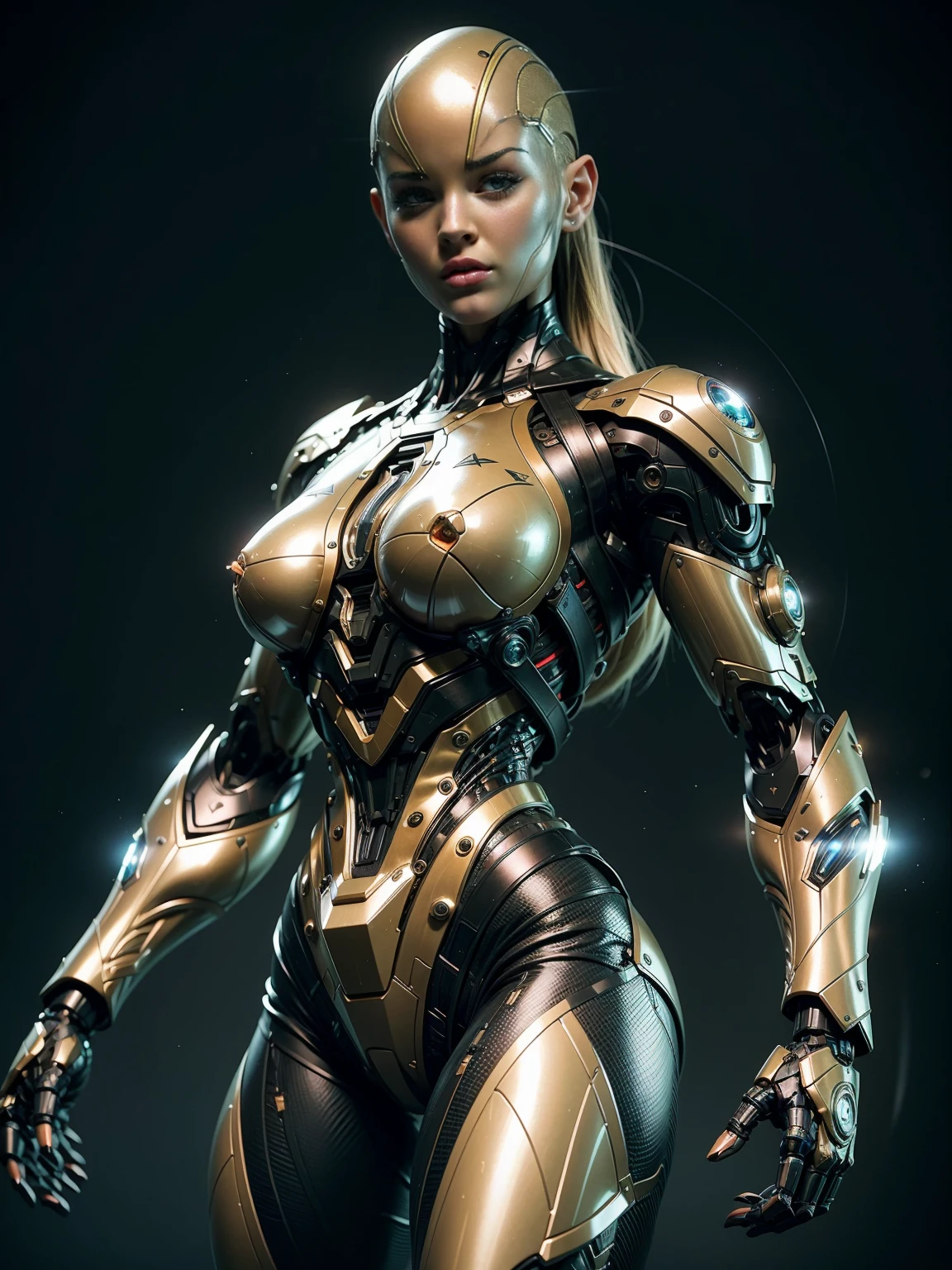 Cinematic, hyper-detailed, and insanely detailed, this artwork captures the essence of a bald hairless muscular female android girl. Beautiful color grading, enhancing the overall cinematic feel. Unreal Engine brings her anatomic cybernetic muscle suit to life, appearing even more mesmerizing. With the use of depth of field (DOF), every detail is focused and accentuated, drawing attention to her eyes and the intricate design of the anatomic cybernetic muscle suit . The image resolution is at its peak, utilizing super-resolution technology to ensure every pixel is perfect. Cinematic lighting enhances her aura, while anti-aliasing techniques like FXAA and TXAA keep the edges smooth and clean. Adding realism to the anatomic cybernetic muscle suit, RTX technology enables ray tracing. Additionally, SSAO (Screen Space Ambient Occlusion) gives depth and realism to the scene, the girl's anatomic cybernetic muscle suit become even more convincing. In the post-processing and post-production stages, tone mapping enhances the colors, creating a captivating visual experience. The integration of CGI (Computer-Generated Imagery) and VFX (Visual Effect brings out the anatomic cybernetic muscle suit's intricate features in a seamless manner. SFX (Sound Effects) complement the visual artistry, immersing the viewer further into this fantastic world. The level of detail is awe-inspiring, with intricate elements meticulously crafted, the artwork hyper maximalist and hyper-realistic. Volumetric effects add depth and dimension, and the photorealism is unparalleled. The image is rendered in 8K resolution, ensuring super-detailed visuals. The volumetric lightning adds a touch of magic, highlighting her beauty and the aura of her anatomic cybernetic muscle suit in an otherworldly way. High Dynamic Range (HDR) technology makes the colors pop, adding richness to the overall composition. Ultimately, this artwork presents an unreal portrayal of a super muscled cybernetic female android