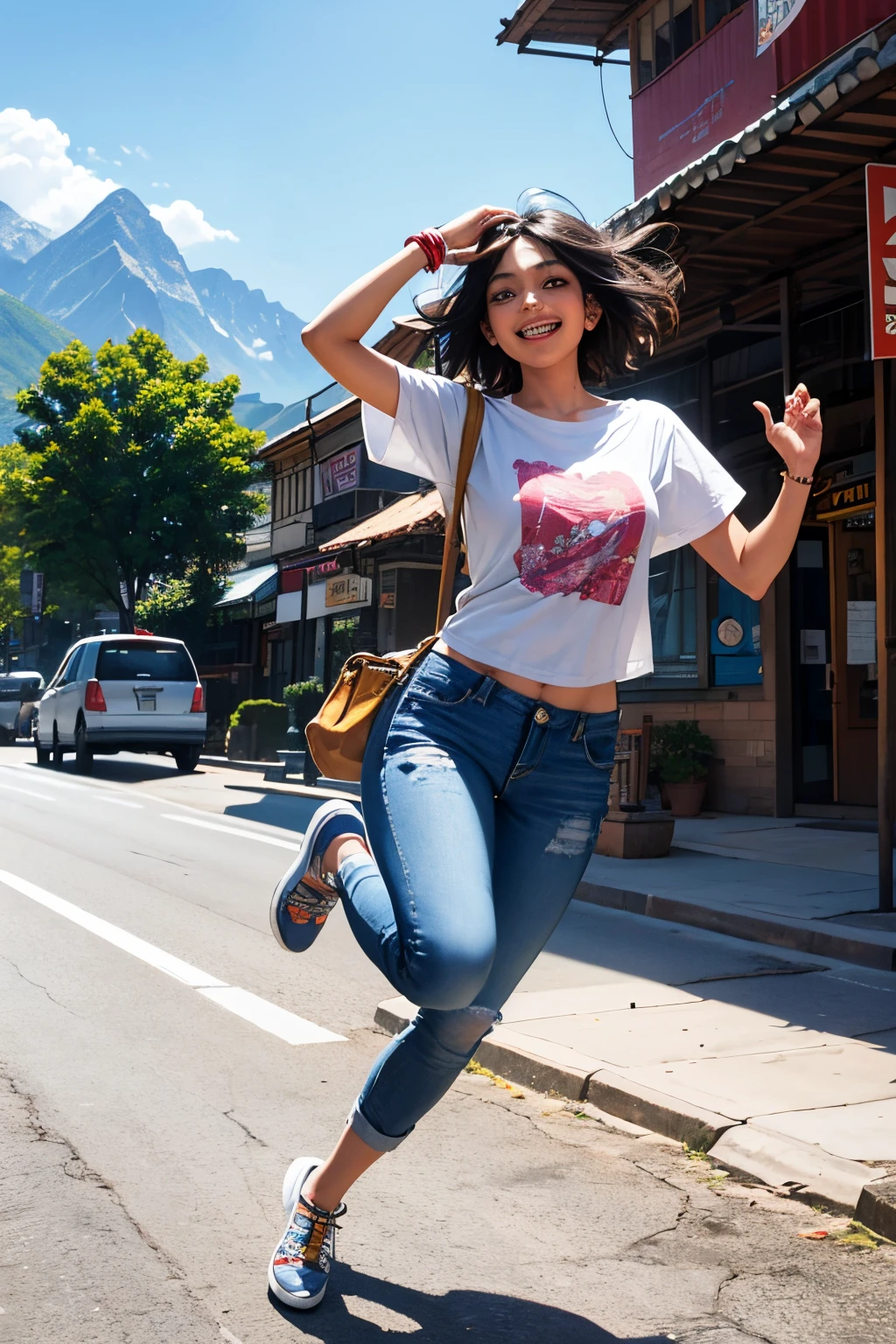 A beautiful Indian girl is running towards the camera, She is laughing across the road between two mountains, She looks like she's competing with someone. Going in front of everyone in the competition, he is doing a lot of profundity. Her hair is thrown back. Hanging bags on both shoulders. She is wearing a colorful half-sleeved mixed cotton t-shirt and jeans with kinds on legs. full body shot, telelens, bright sunny day.
